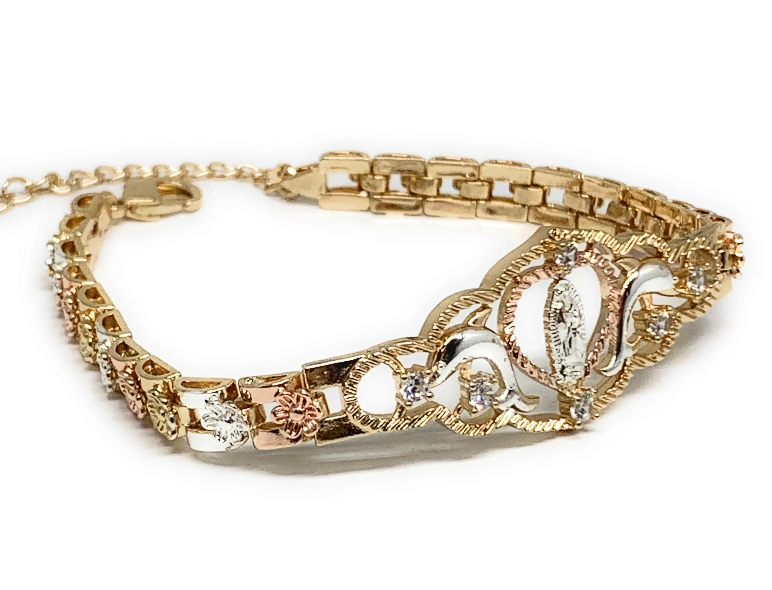 Gold Plated Tri-Color Virgin Mary Dolphin Heart Bracelet Virgen De Guadalupe Pulsera 8" - Image 6