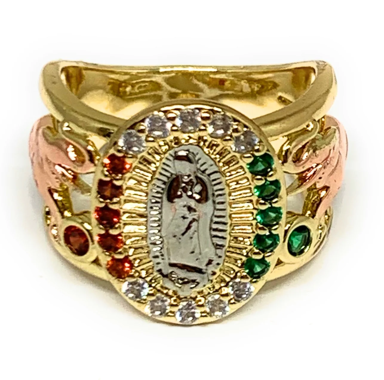 Gold Plated Tri-Color Virgin Mary Elephant CZ Ring Virgen De Guadalupe Anillo