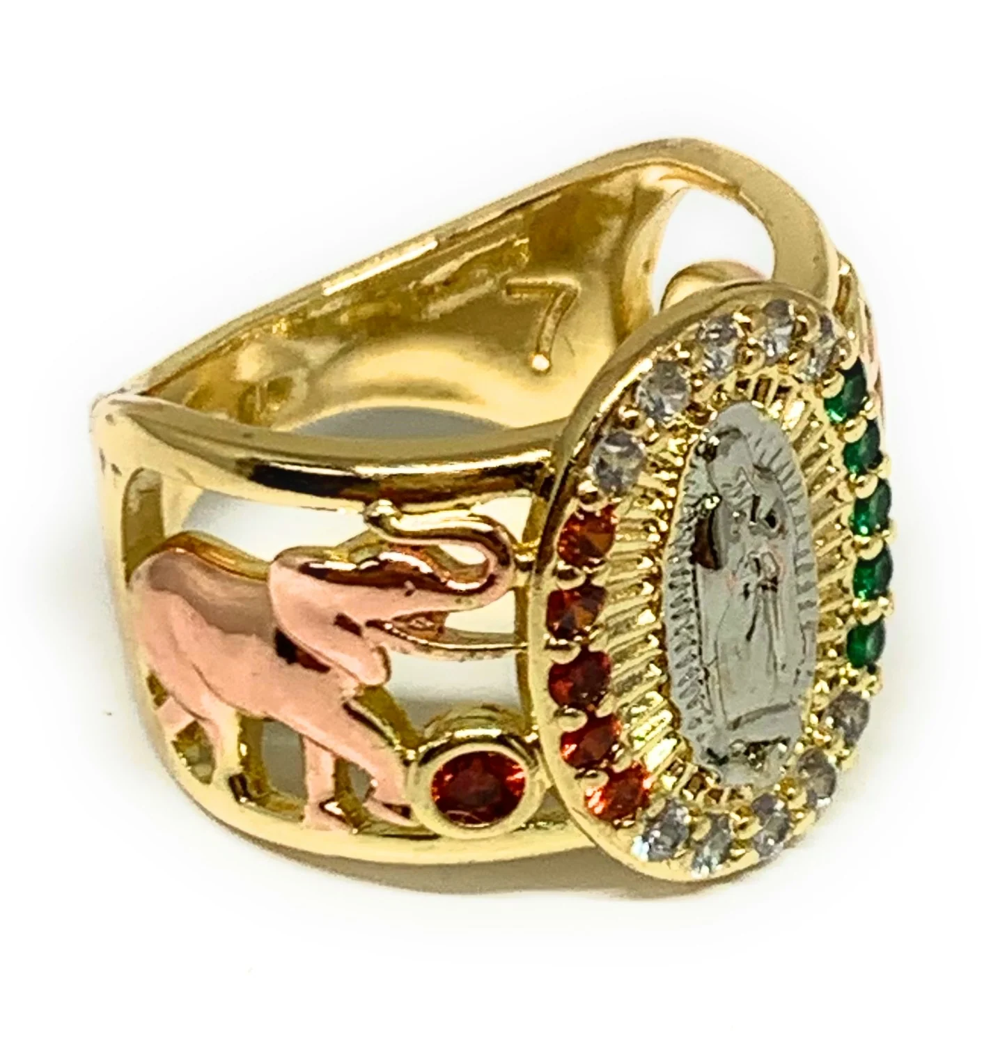 Gold Plated Tri-Color Virgin Mary Elephant CZ Ring Virgen De Guadalupe Anillo - Image 2