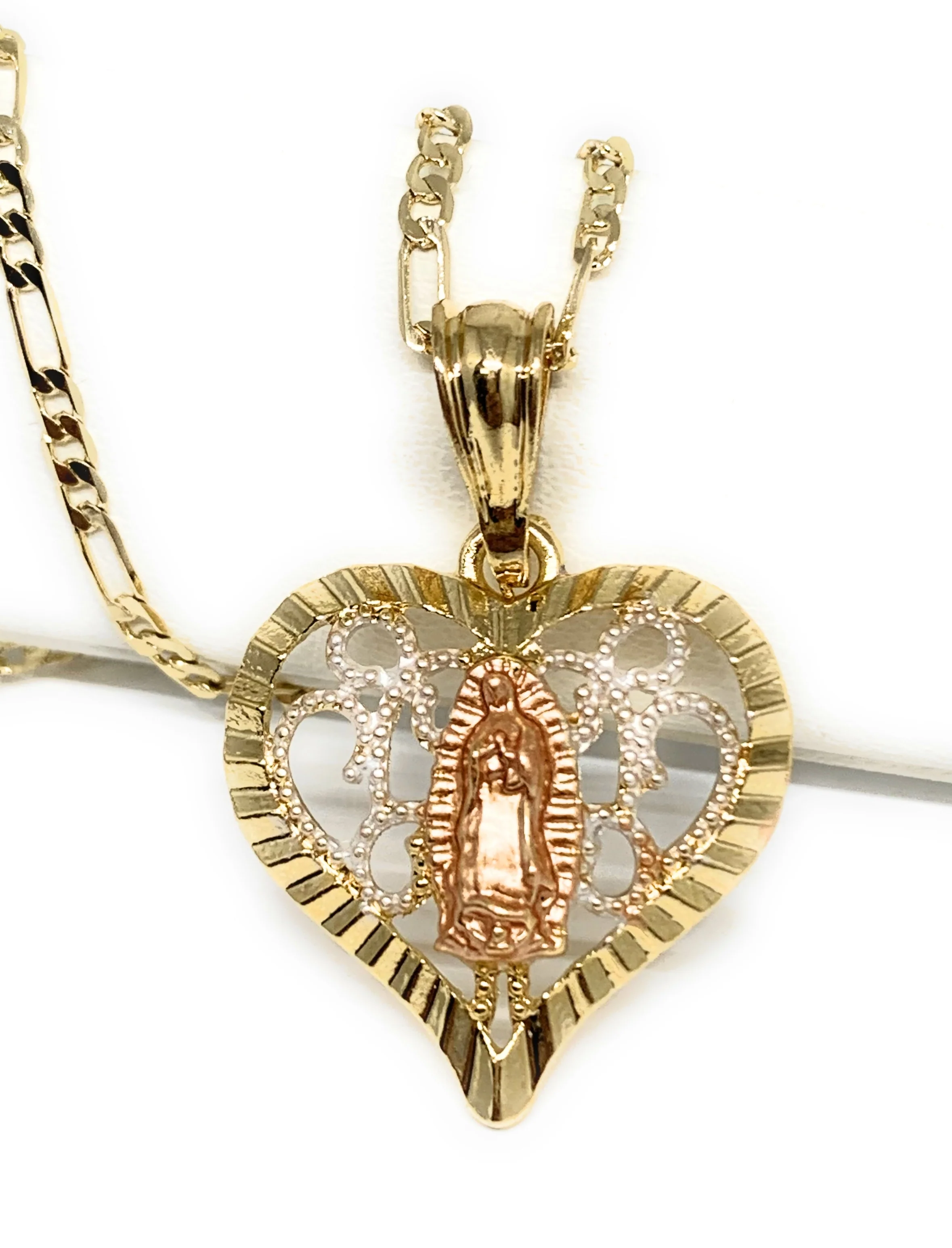 Gold Plated Tri-Color Virgin Mary Filigran Heart Pendant Necklace Figaro 24" Virgen de Guadalupe Medalla