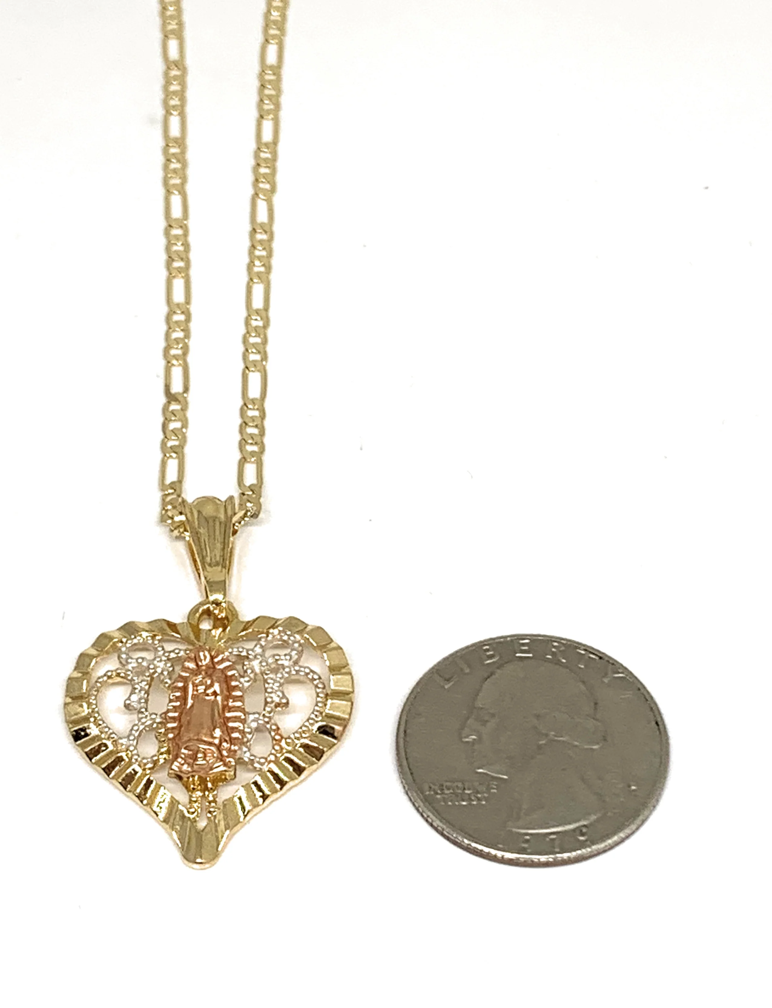 Gold Plated Tri-Color Virgin Mary Filigran Heart Pendant Necklace Figaro 24" Virgen de Guadalupe Medalla - Image 2