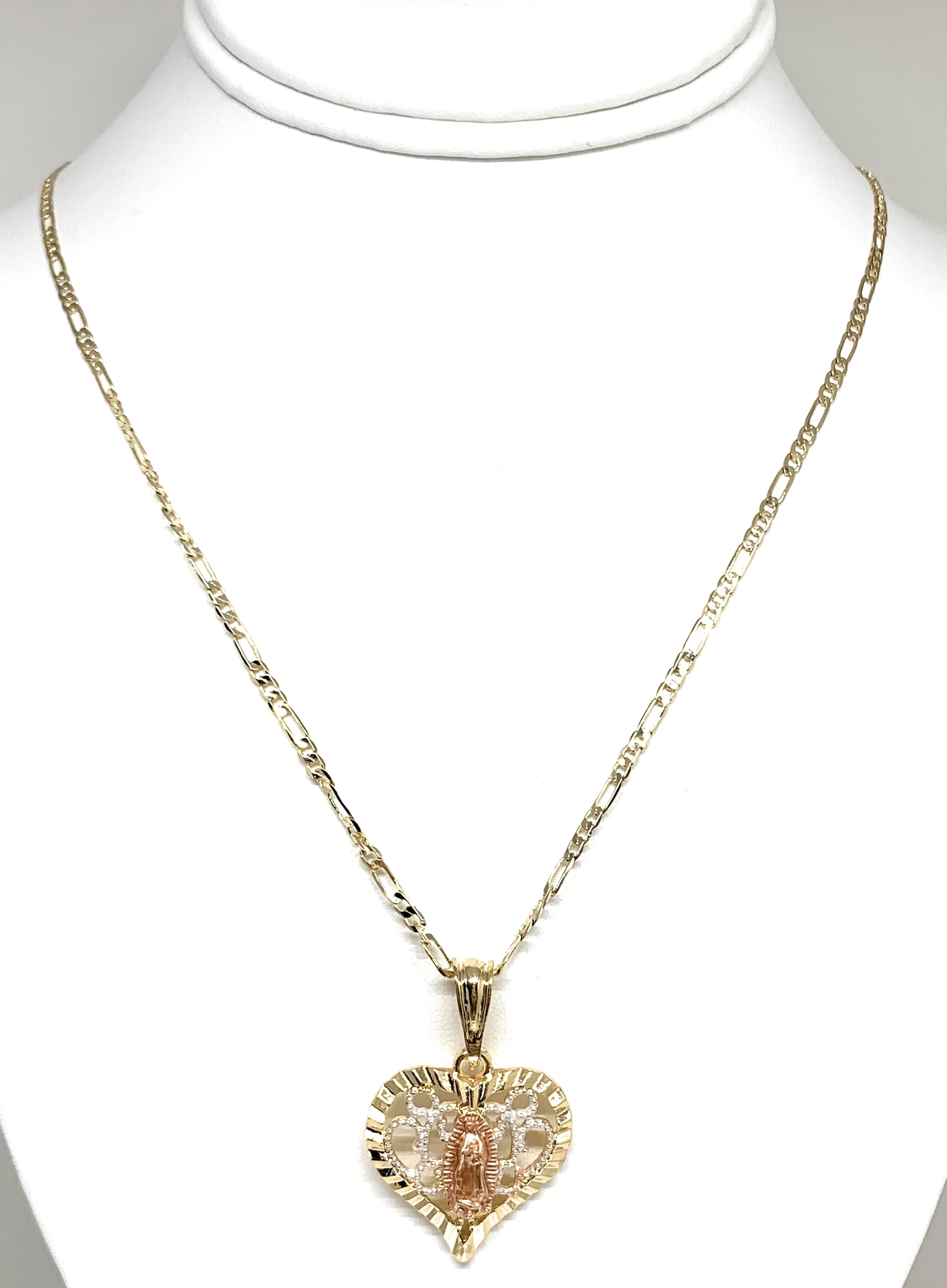 Gold Plated Tri-Color Virgin Mary Filigran Heart Pendant Necklace Figaro 24" Virgen de Guadalupe Medalla - Image 3