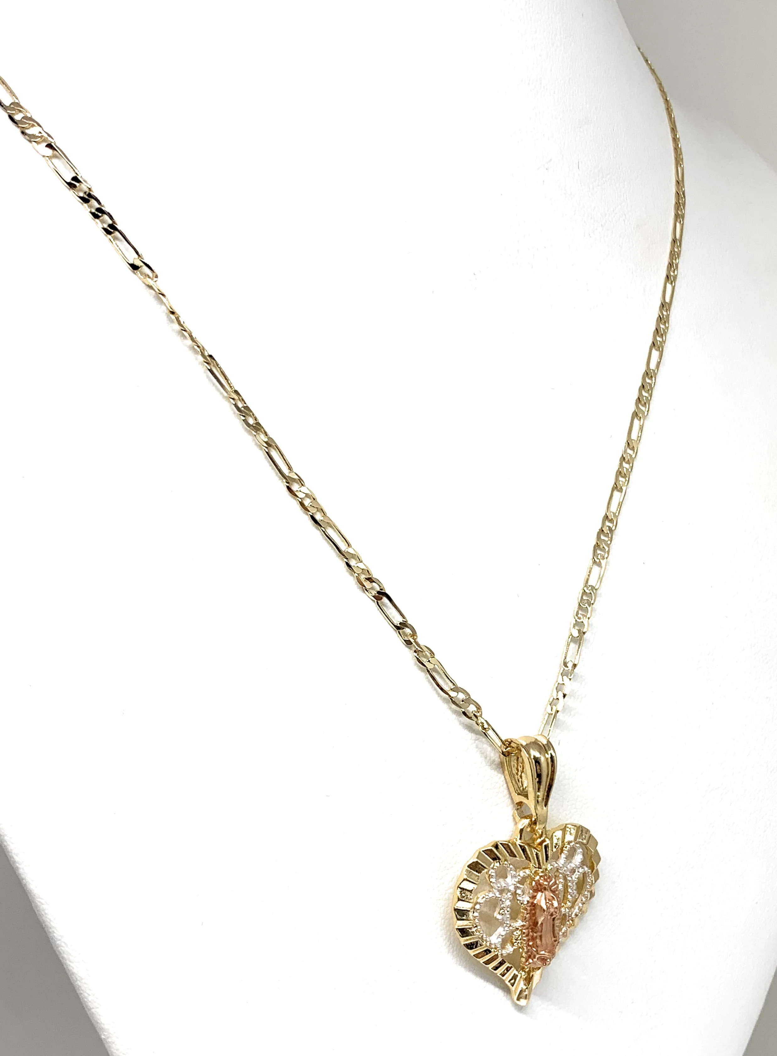 Gold Plated Tri-Color Virgin Mary Filigran Heart Pendant Necklace Figaro 24" Virgen de Guadalupe Medalla - Image 4