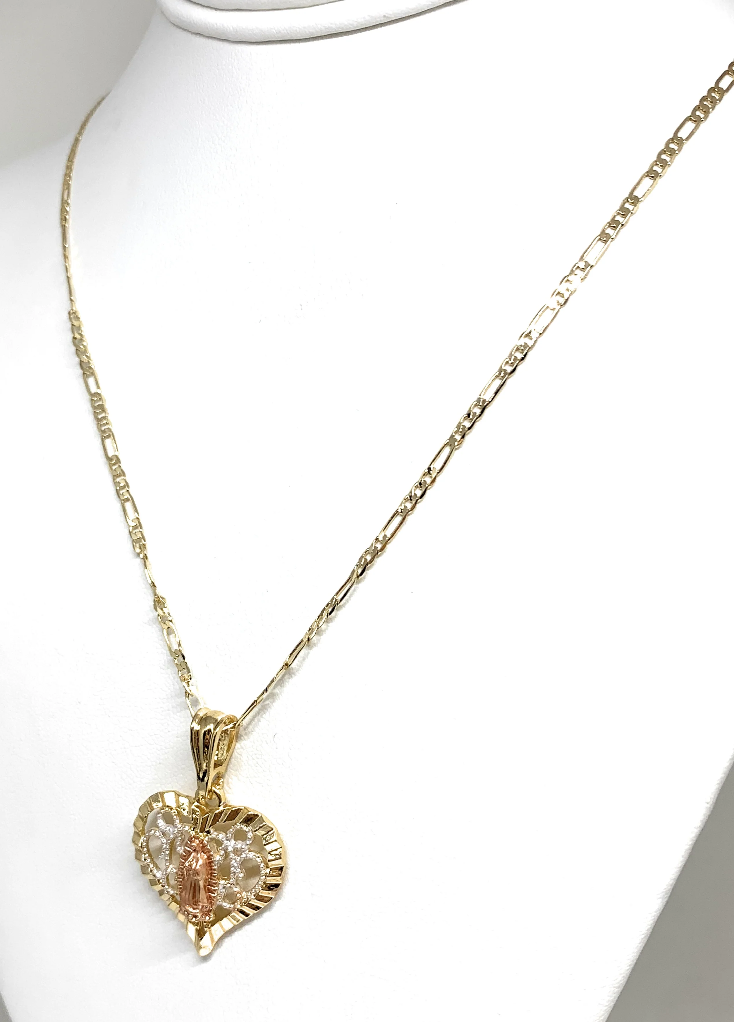 Gold Plated Tri-Color Virgin Mary Filigran Heart Pendant Necklace Figaro 24" Virgen de Guadalupe Medalla - Image 5