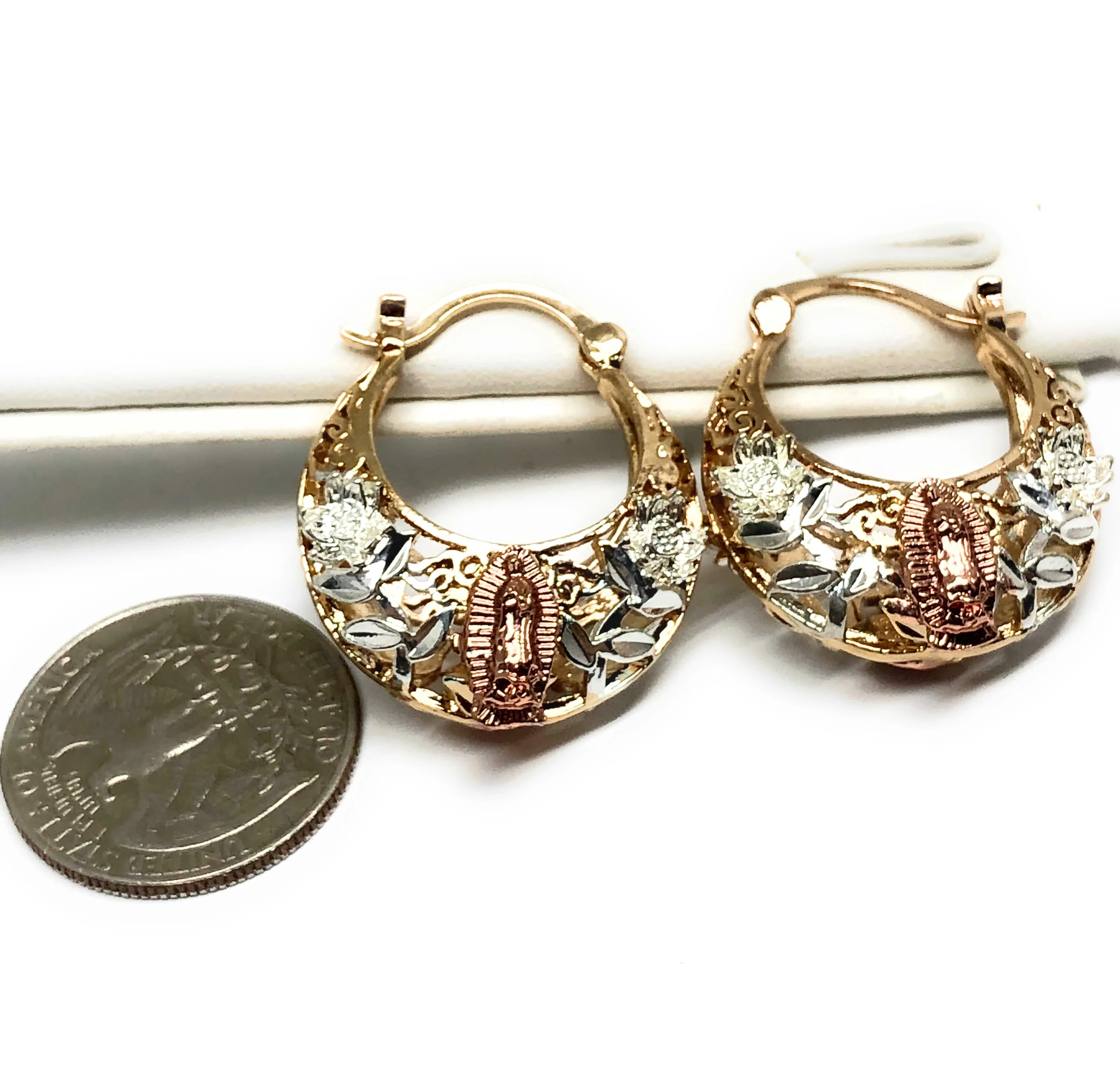 Gold Plated Tri Color Virgin Mary Flower Basket Earrings Virgen Guadalupe Aretes Canasta Tres Colores - Image 3