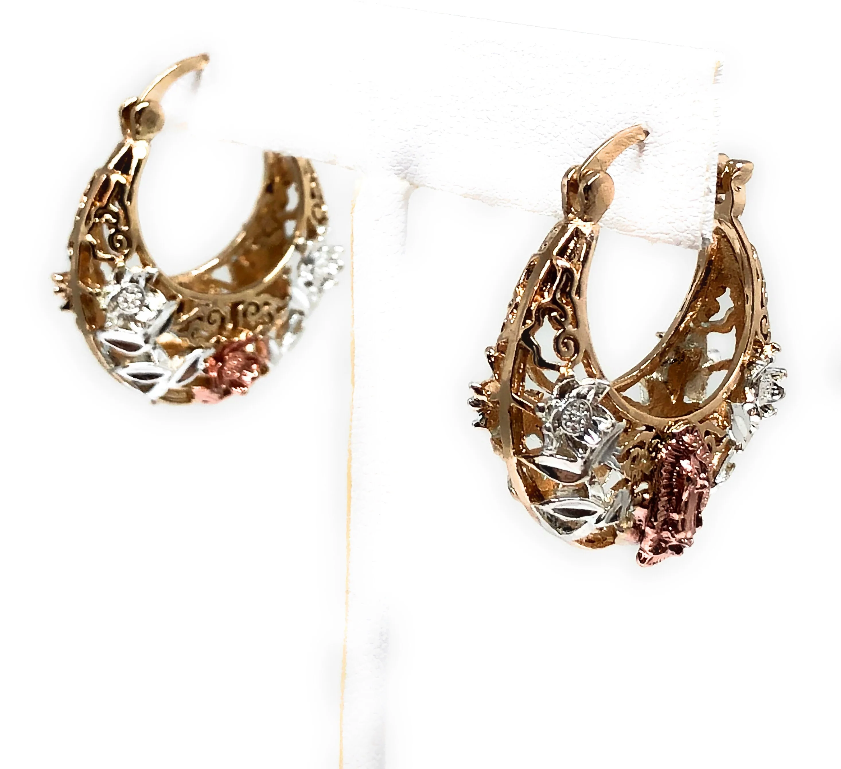 Gold Plated Tri Color Virgin Mary Flower Basket Earrings Virgen Guadalupe Aretes Canasta Tres Colores - Image 4
