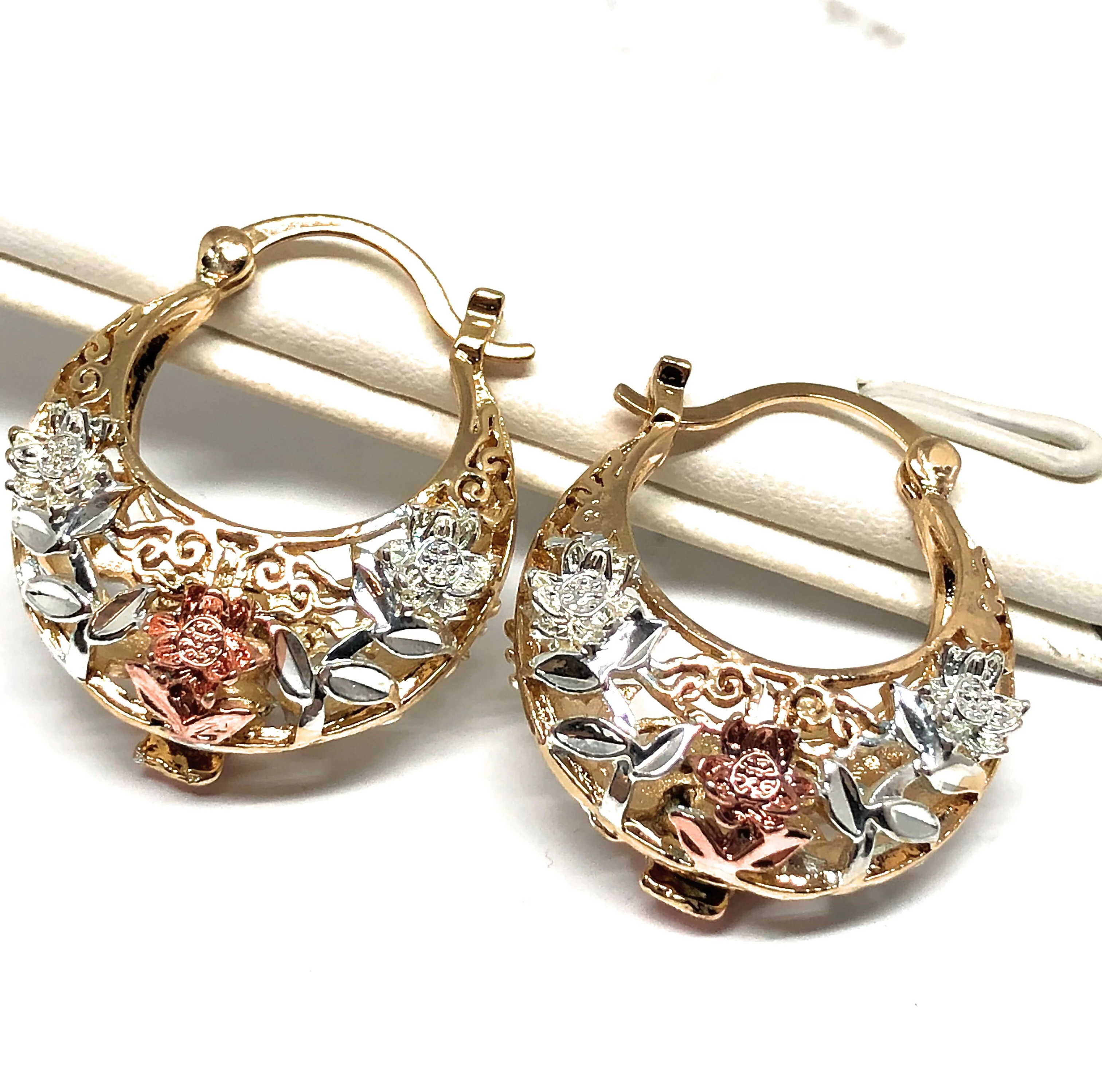 Gold Plated Tri Color Virgin Mary Flower Basket Earrings Virgen Guadalupe Aretes Canasta Tres Colores - Image 5