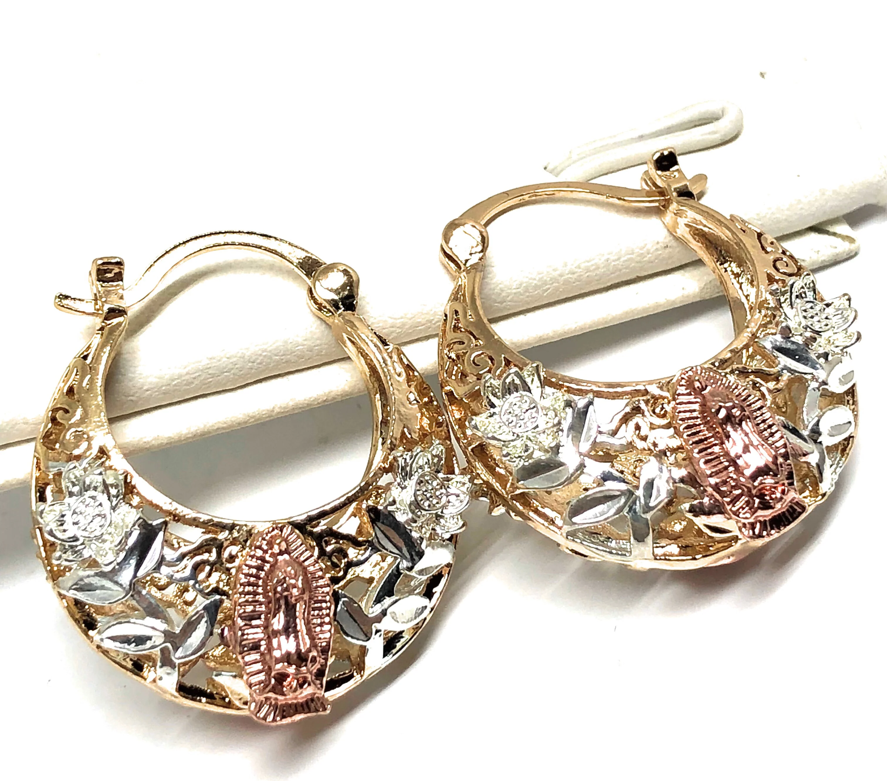 Gold Plated Tri Color Virgin Mary Flower Basket Earrings Virgen Guadalupe Aretes Canasta Tres Colores - Image 6