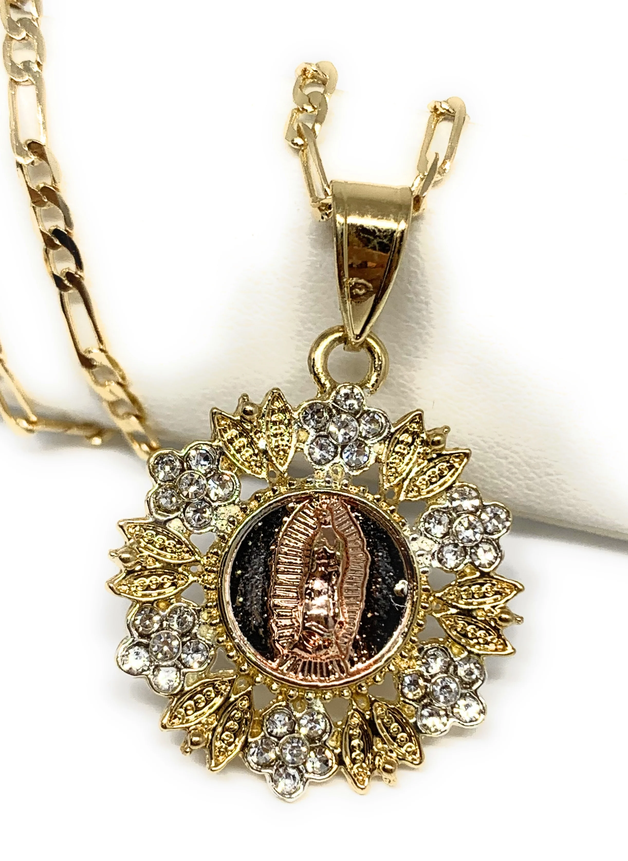 Gold Plated Tri-Color Virgin Mary Flower CZ Pendant Necklace 24" Virgen de Guadalupe Medalla Tres Colores