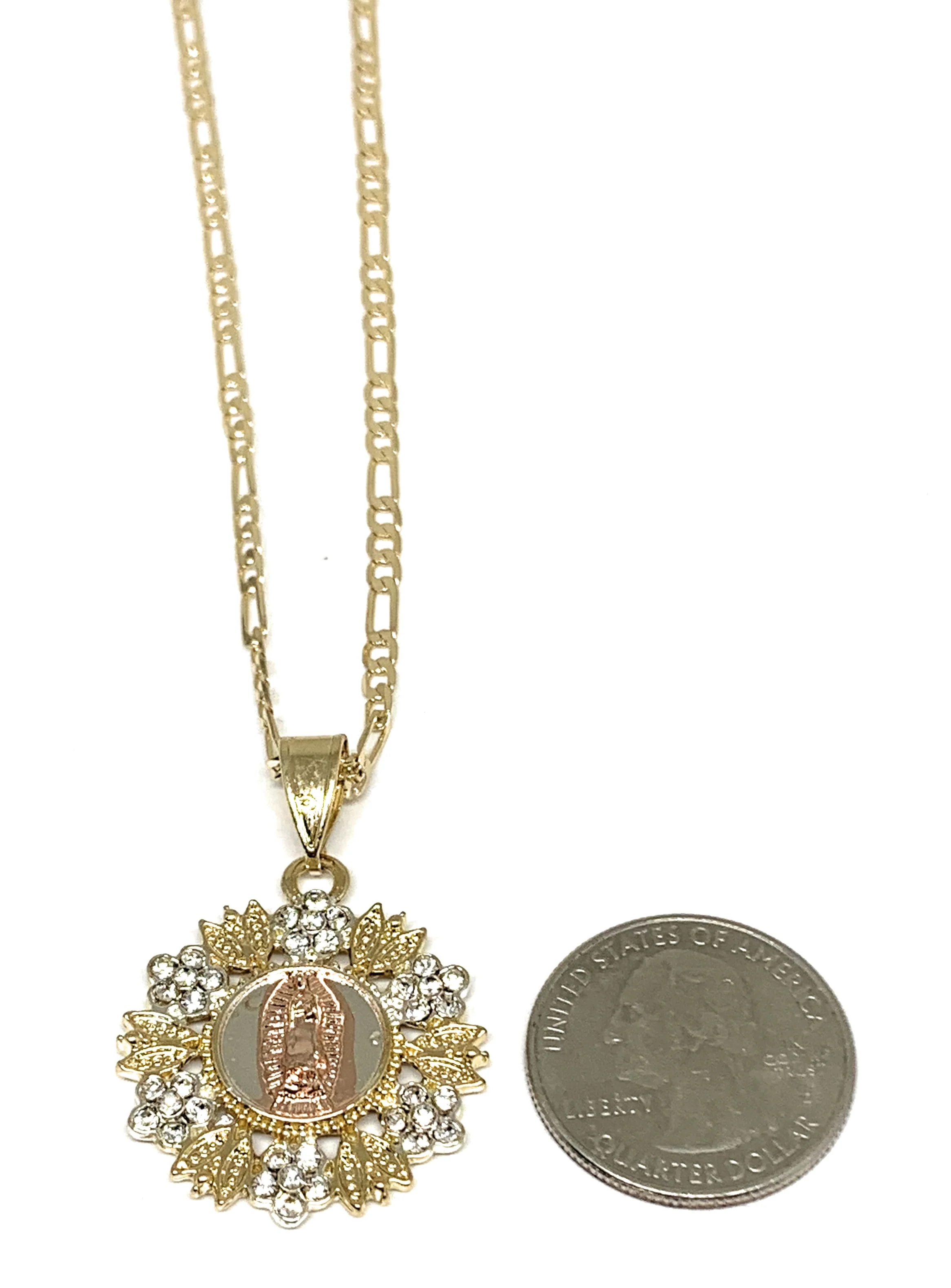 Gold Plated Tri-Color Virgin Mary Flower CZ Pendant Necklace 24" Virgen de Guadalupe Medalla Tres Colores - Image 2