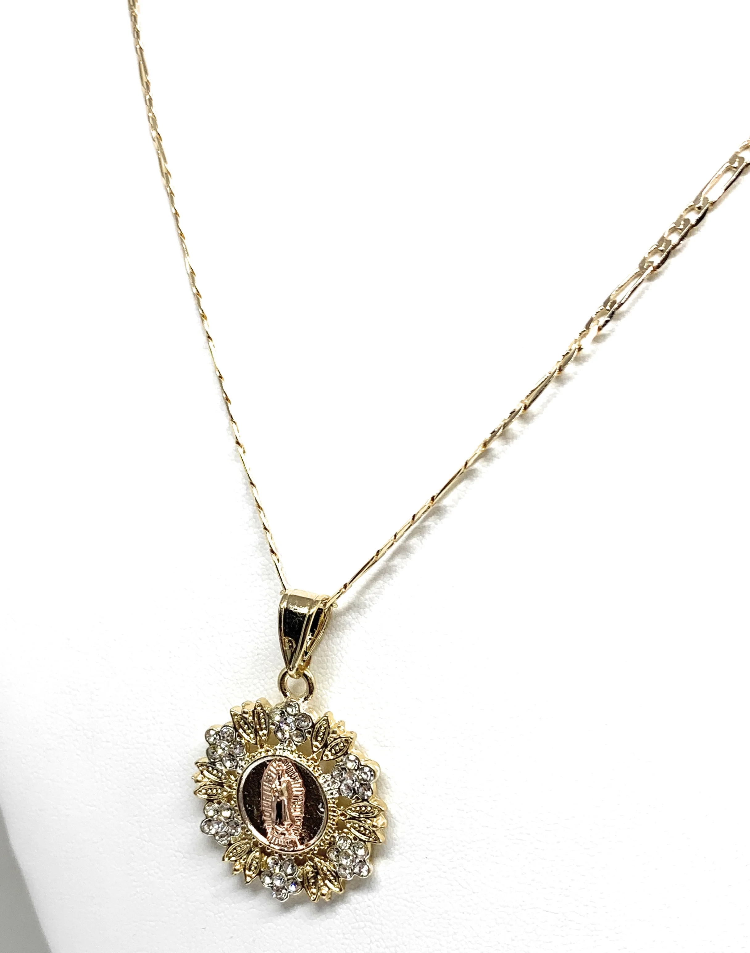 Gold Plated Tri-Color Virgin Mary Flower CZ Pendant Necklace 24" Virgen de Guadalupe Medalla Tres Colores - Image 3