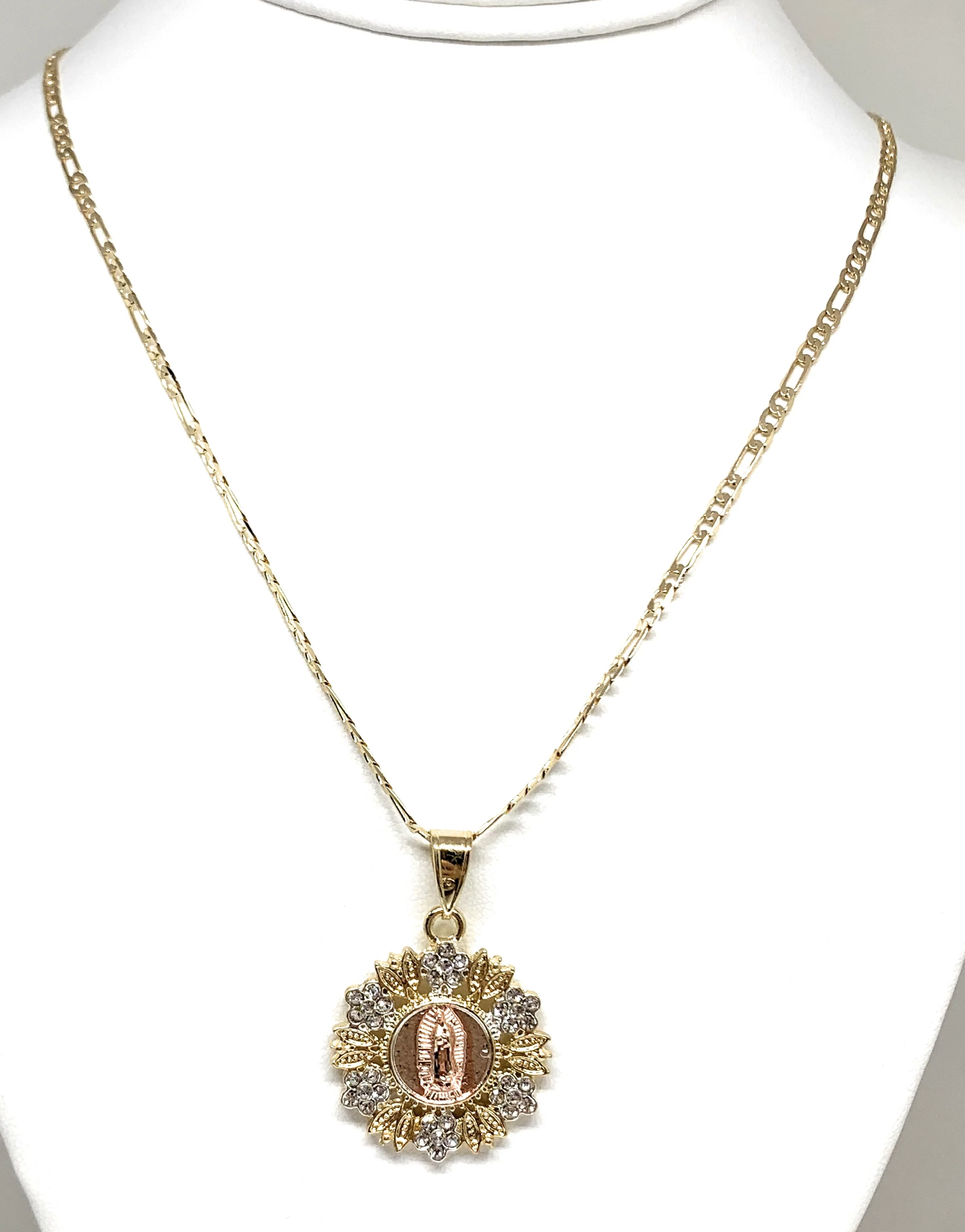 Gold Plated Tri-Color Virgin Mary Flower CZ Pendant Necklace 24" Virgen de Guadalupe Medalla Tres Colores - Image 4