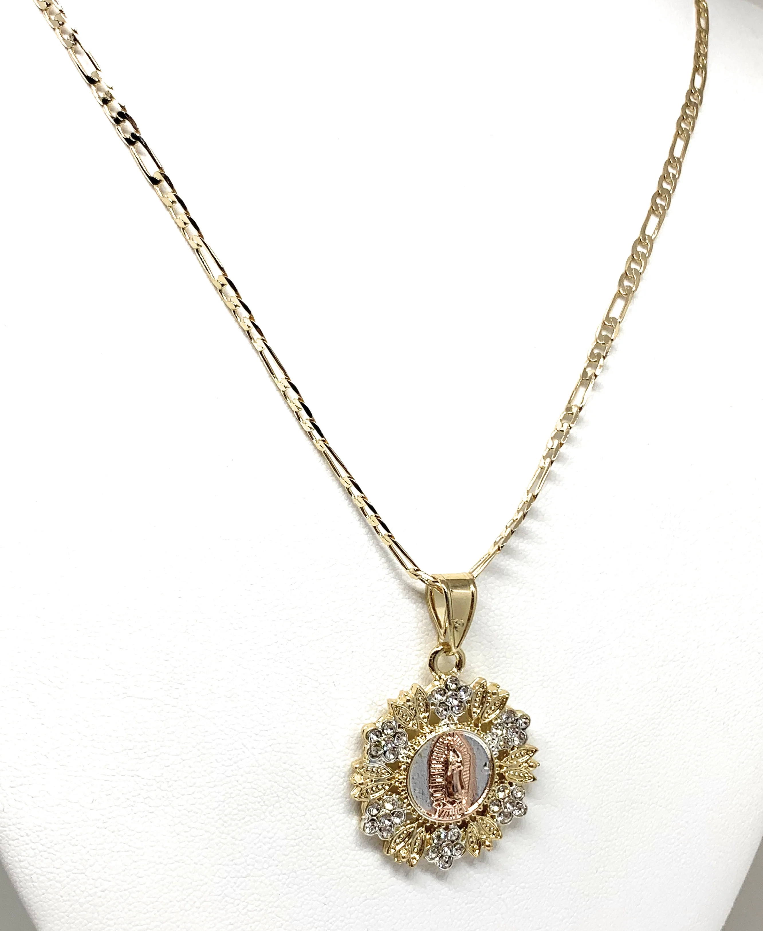 Gold Plated Tri-Color Virgin Mary Flower CZ Pendant Necklace 24" Virgen de Guadalupe Medalla Tres Colores - Image 5