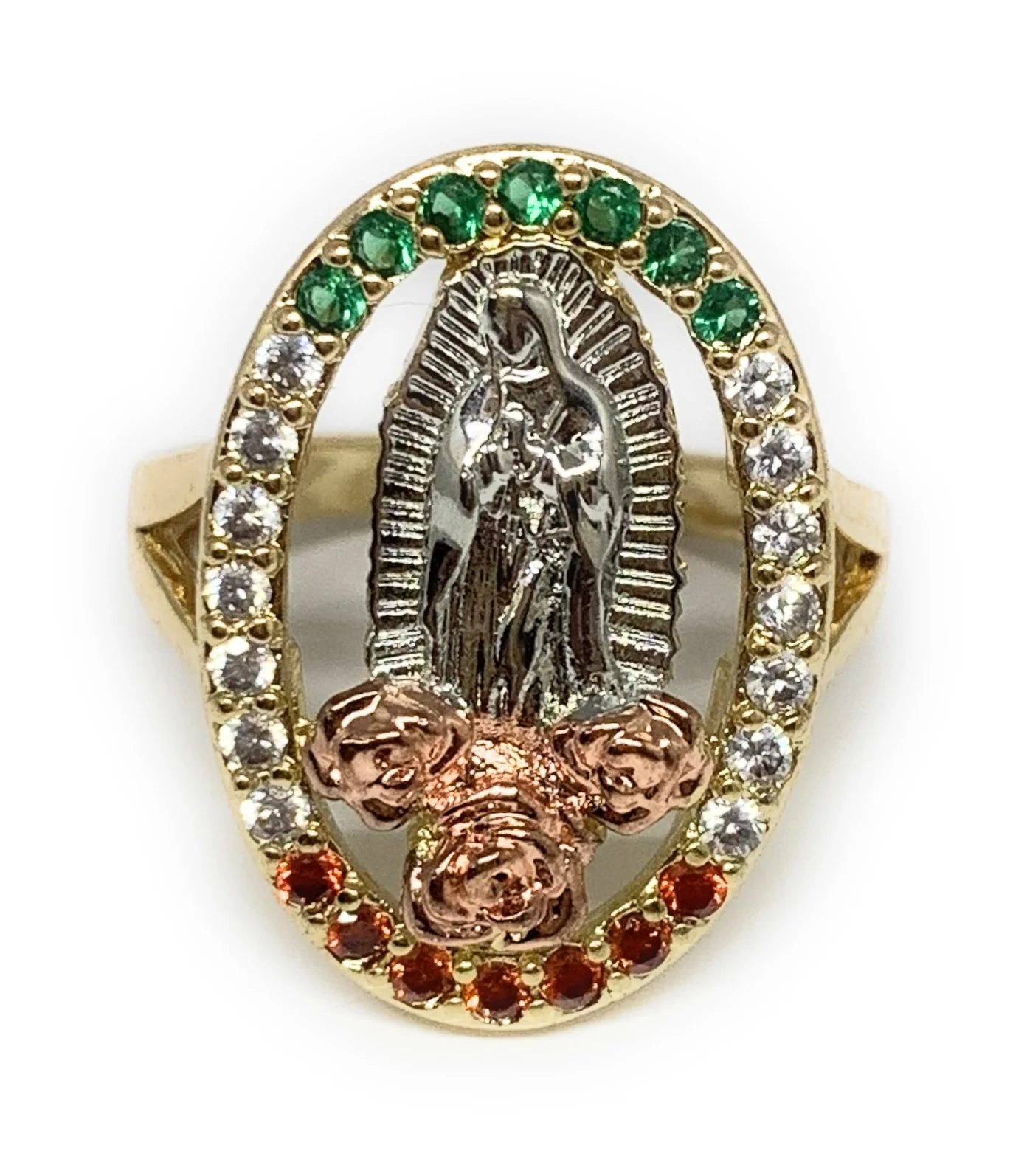 Gold Plated Tri-Color Virgin Mary Flower CZ Ring Virgen De Guadalupe Anillo