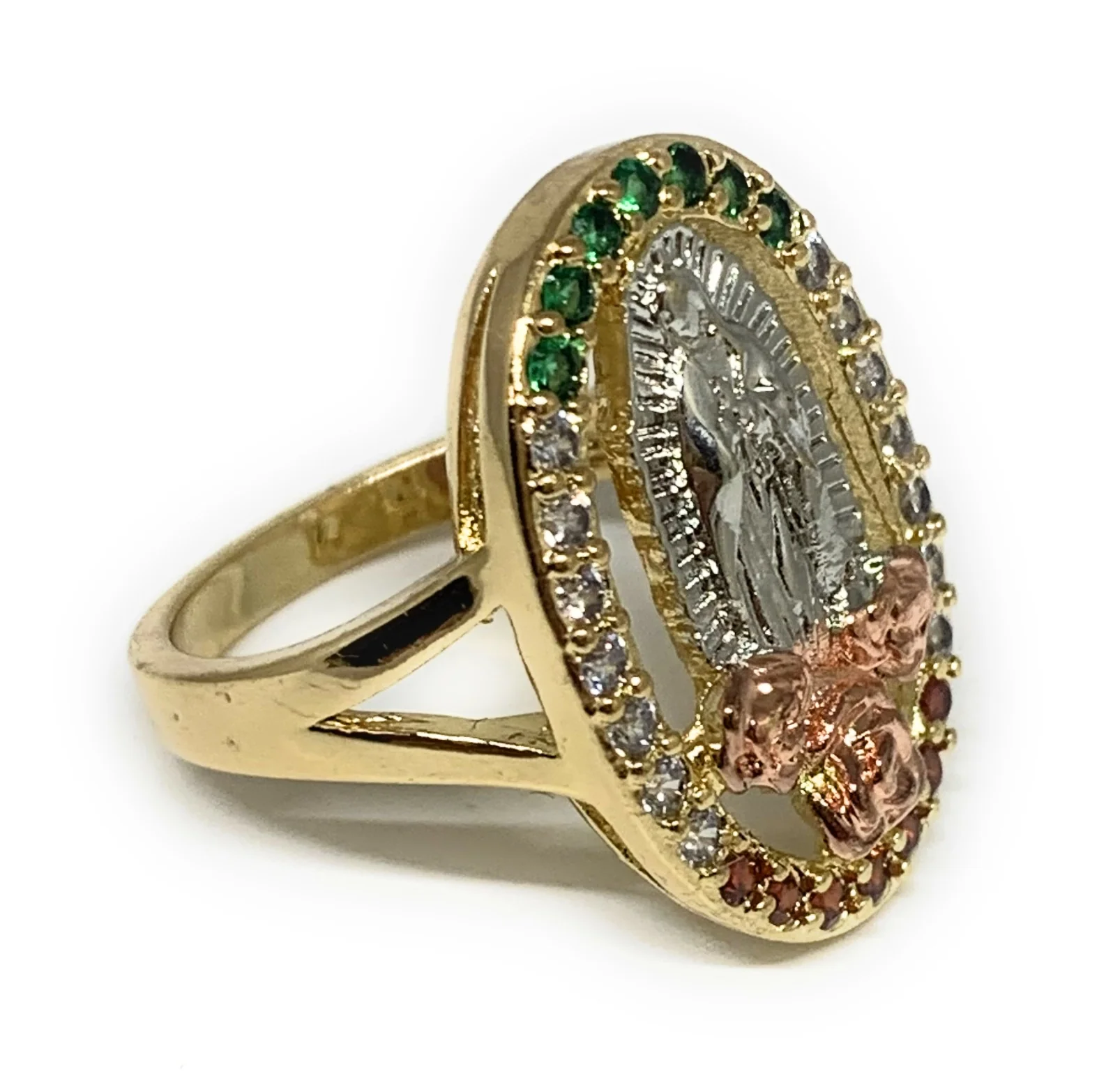 Gold Plated Tri-Color Virgin Mary Flower CZ Ring Virgen De Guadalupe Anillo - Image 2