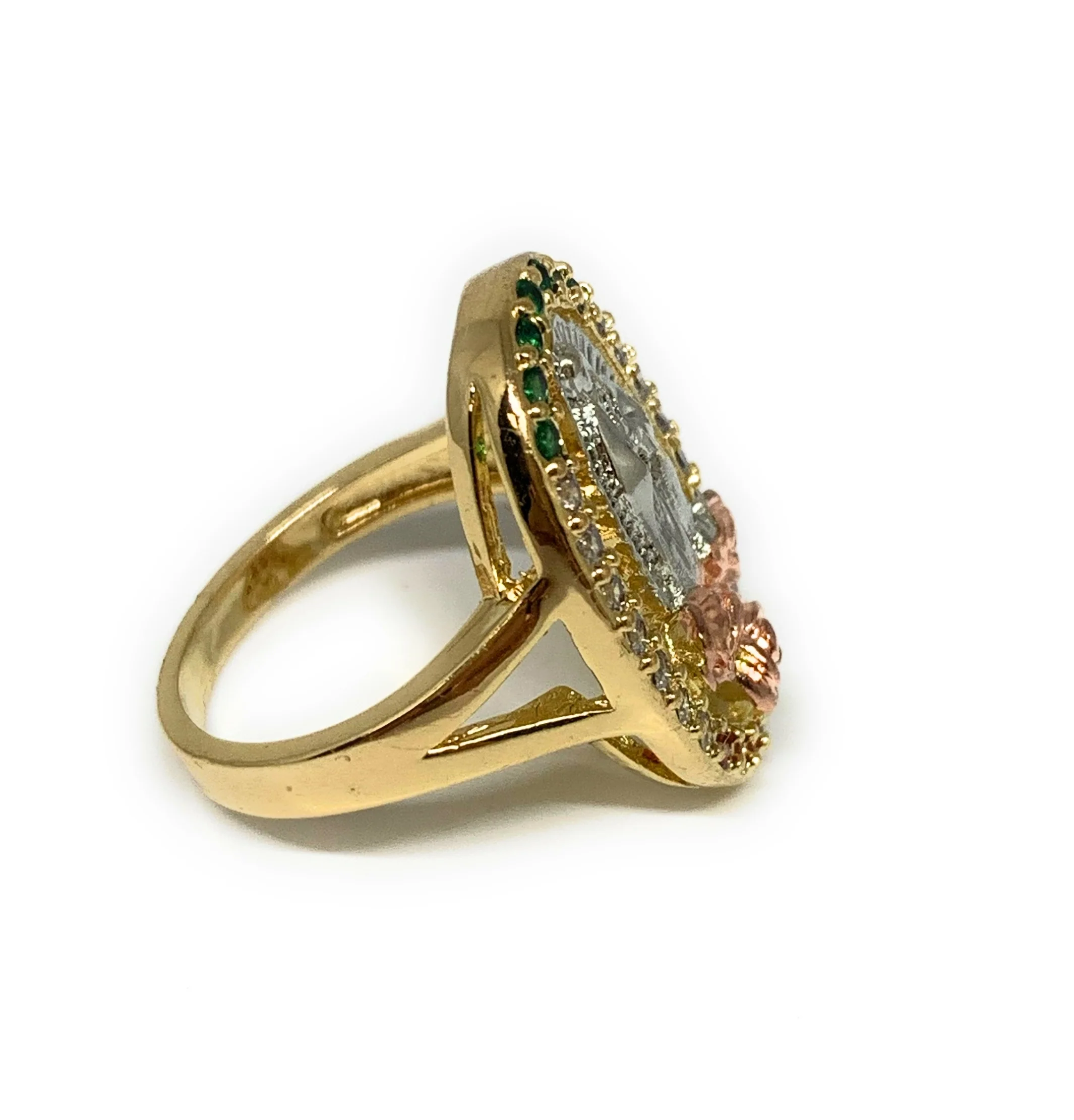 Gold Plated Tri-Color Virgin Mary Flower CZ Ring Virgen De Guadalupe Anillo - Image 3