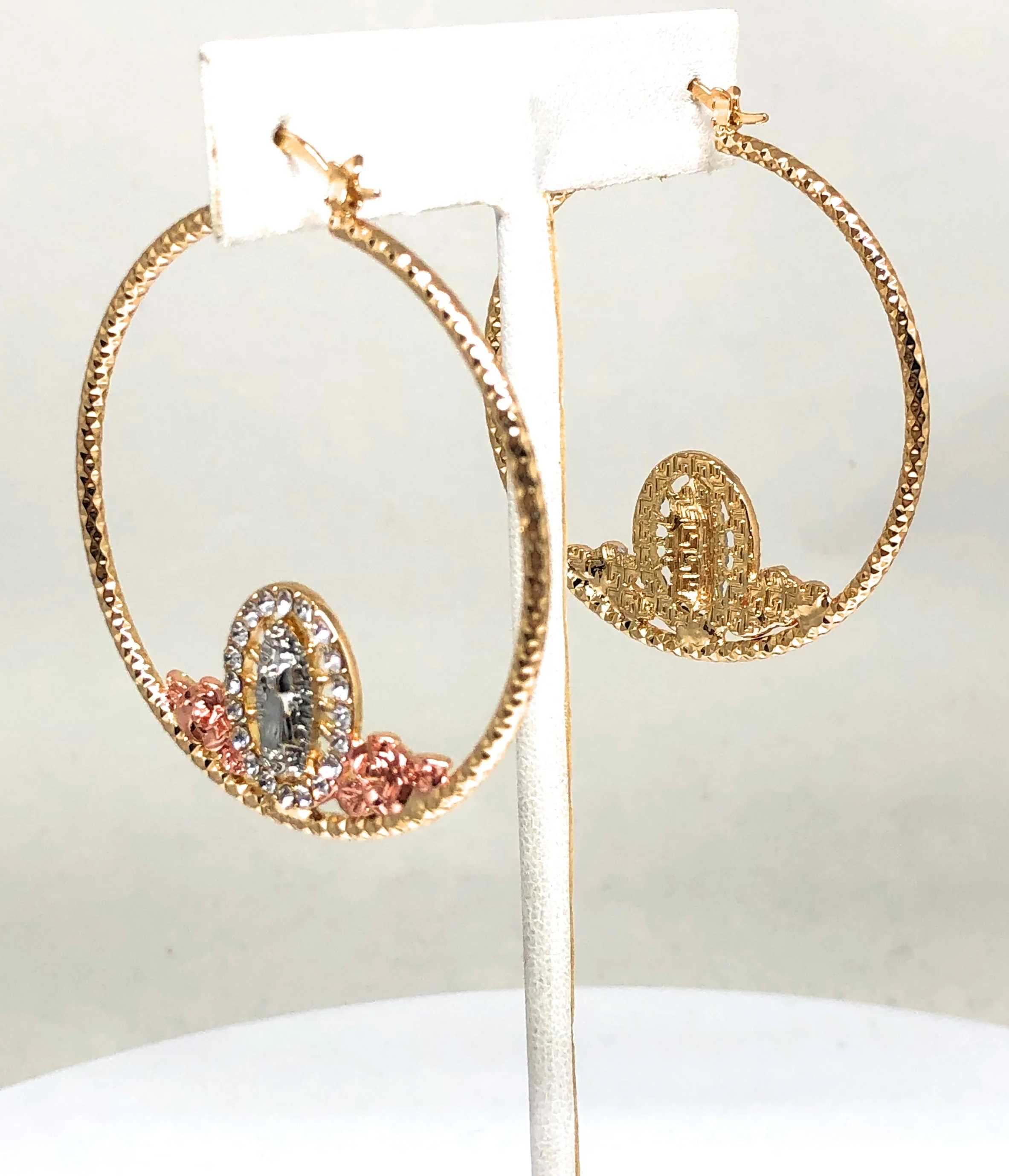 Gold Plated Tri Color Virgin Mary Flower Hoop Earrings Virgen Guadalupe Aretes Arracadas - Image 5