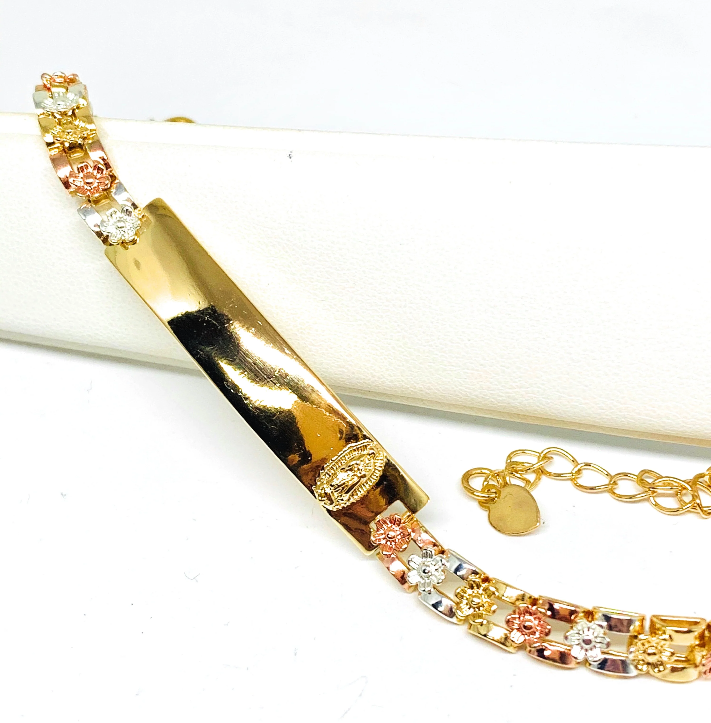 Gold Plated Tri-Color Virgin Mary Flower ID Bracelet 7.5” 5.5mm Width Esclava - Image 2