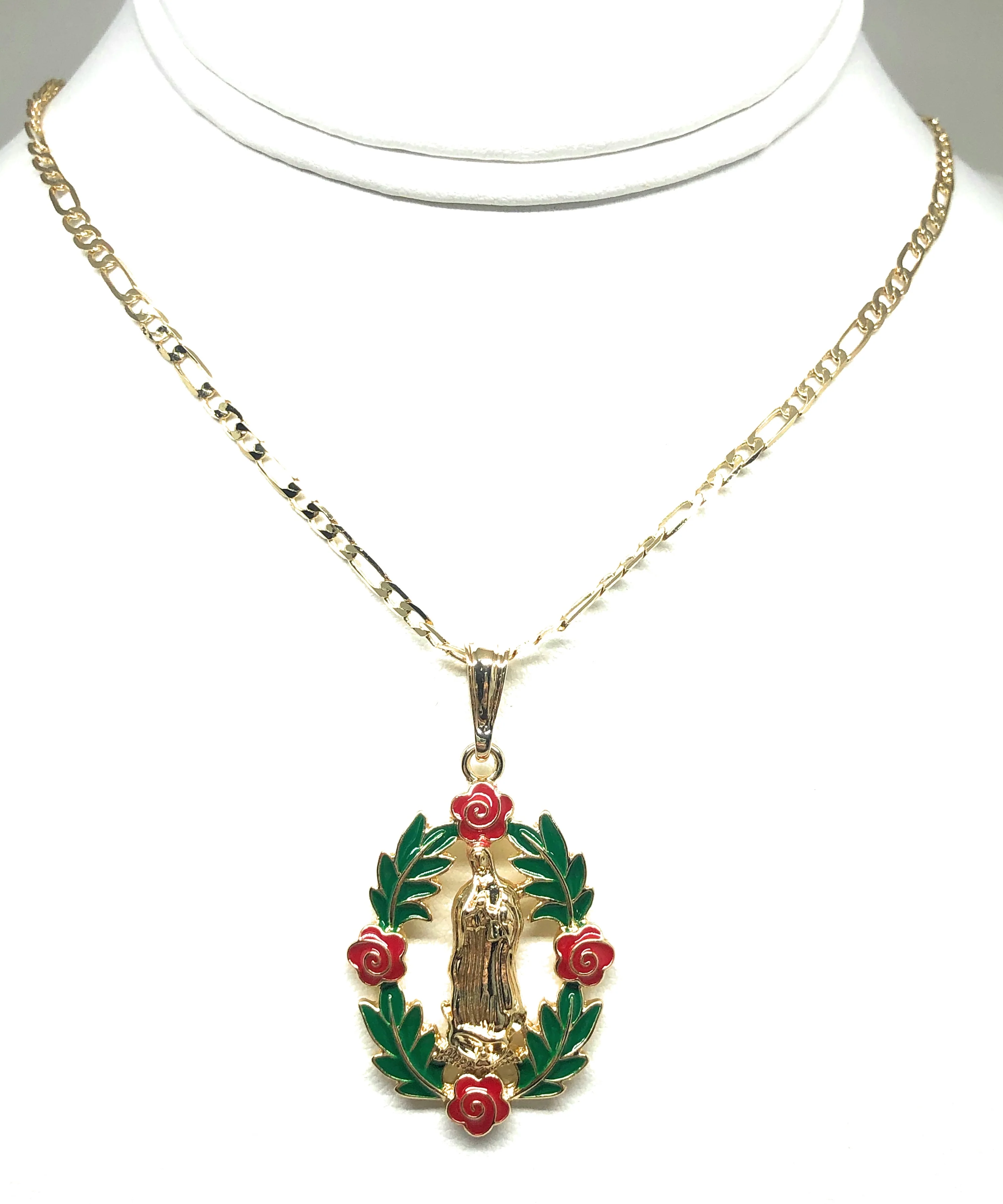 Gold Plated Tri-Color Virgin Mary Flower Pendant Necklace 24" Virgen de Guadalupe - Image 3
