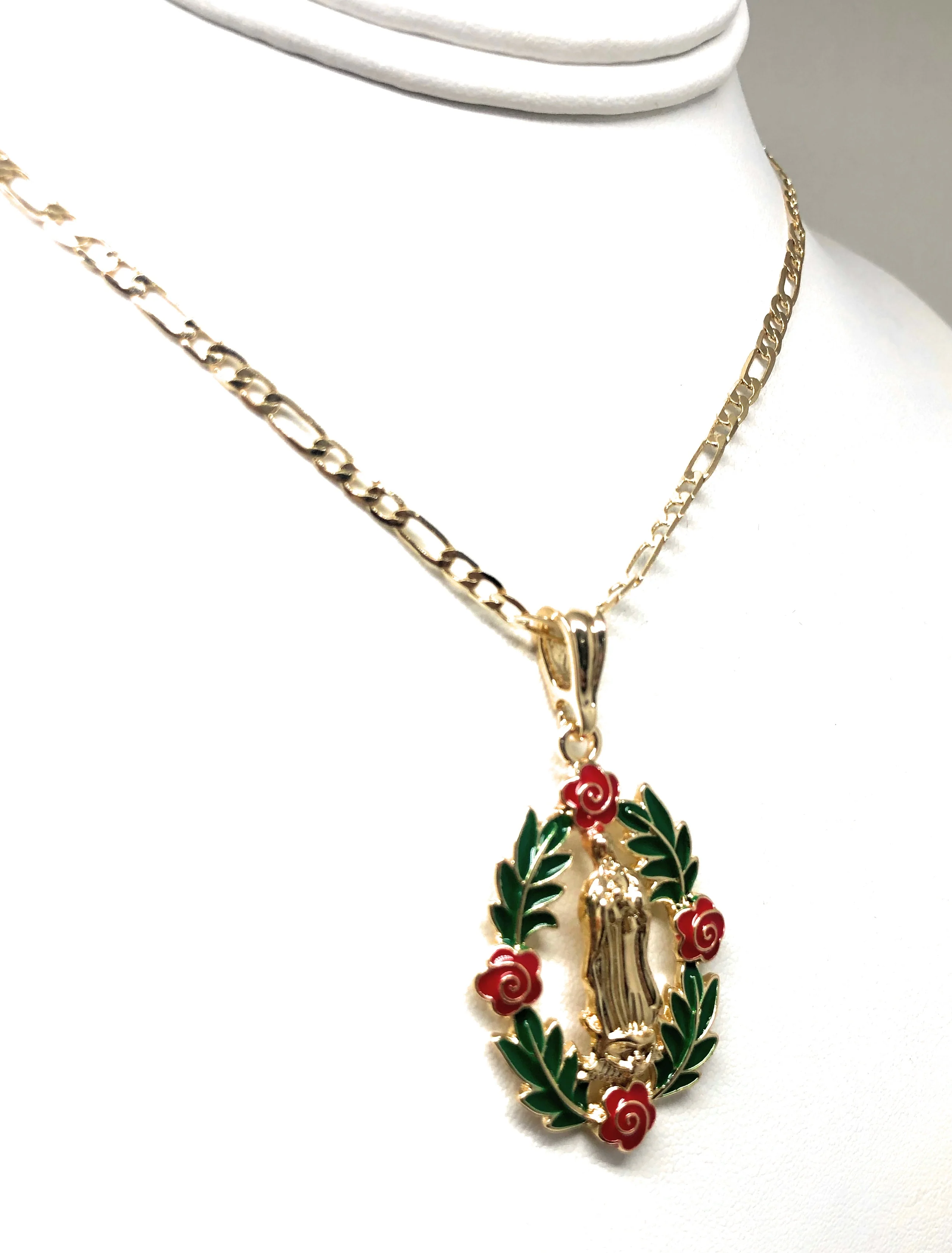Gold Plated Tri-Color Virgin Mary Flower Pendant Necklace 24" Virgen de Guadalupe - Image 4