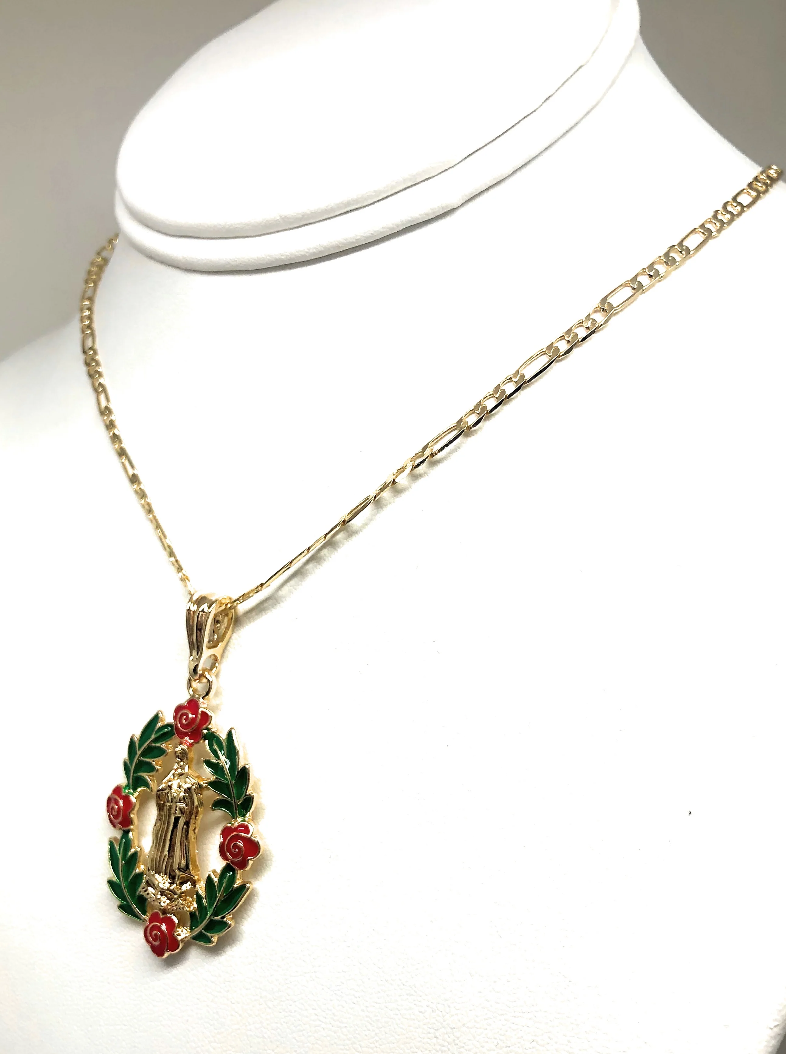Gold Plated Tri-Color Virgin Mary Flower Pendant Necklace 24" Virgen de Guadalupe - Image 5