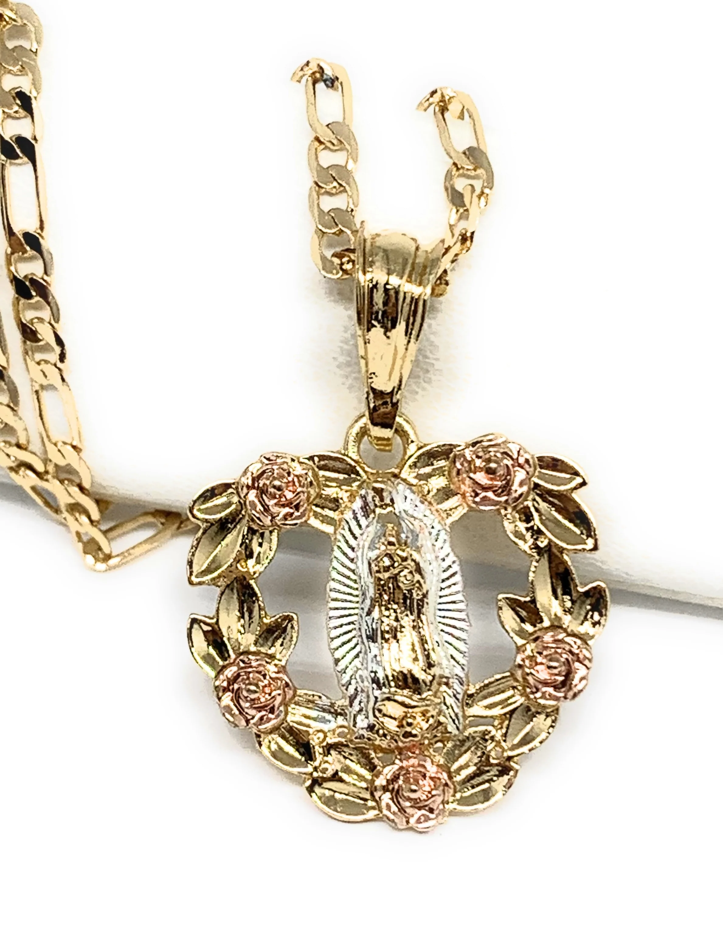 Gold Plated Tri-Color Virgin Mary Flower Pendant Necklace 24" Virgen de Guadalupe Medalla Tres Colores