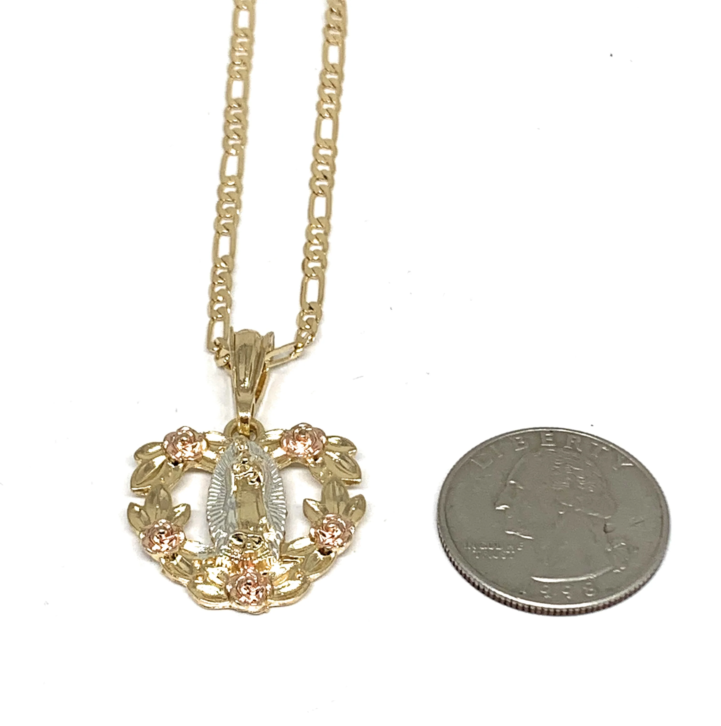 Gold Plated Tri-Color Virgin Mary Flower Pendant Necklace 24" Virgen de Guadalupe Medalla Tres Colores - Image 2