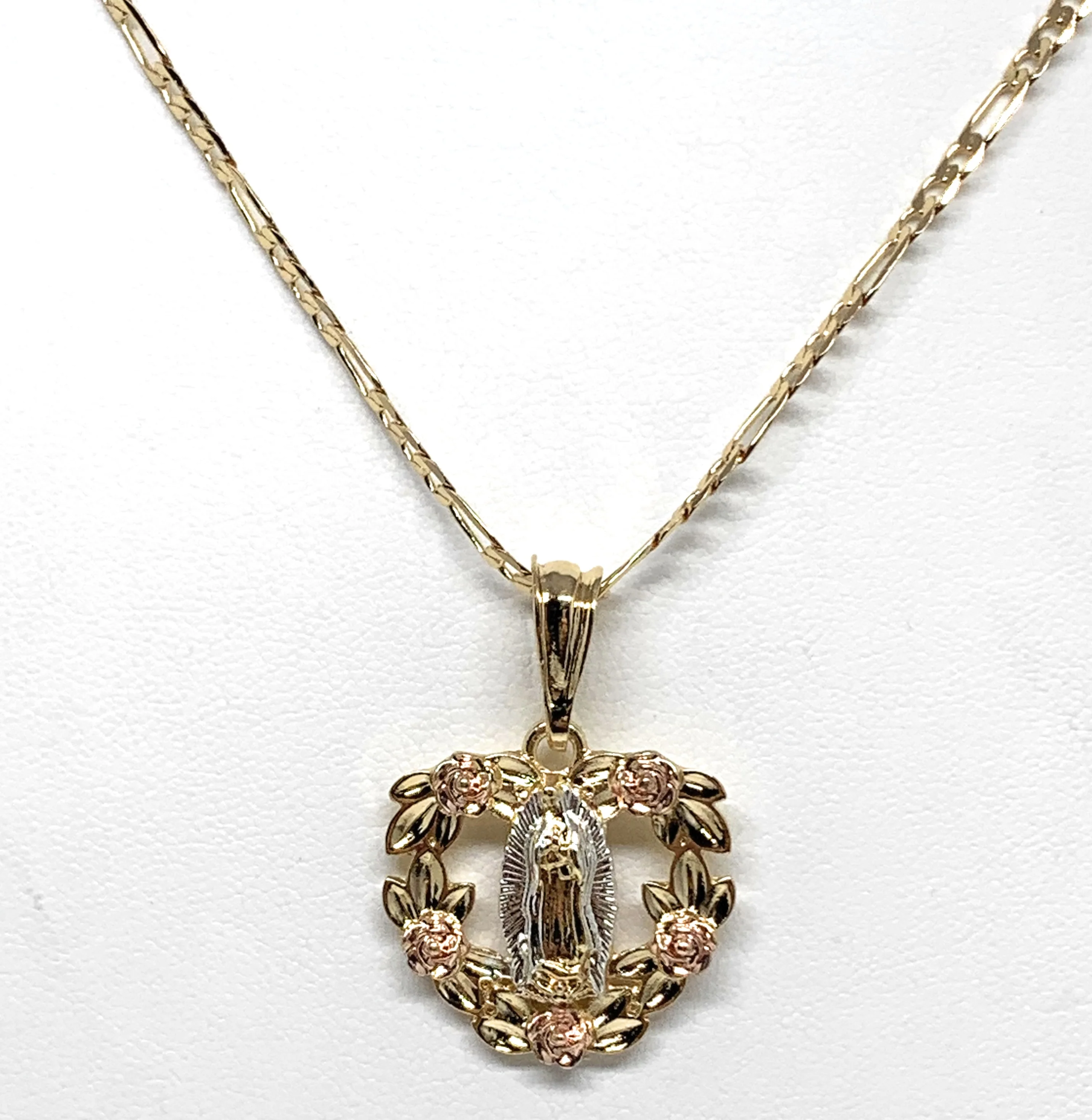 Gold Plated Tri-Color Virgin Mary Flower Pendant Necklace 24" Virgen de Guadalupe Medalla Tres Colores - Image 3