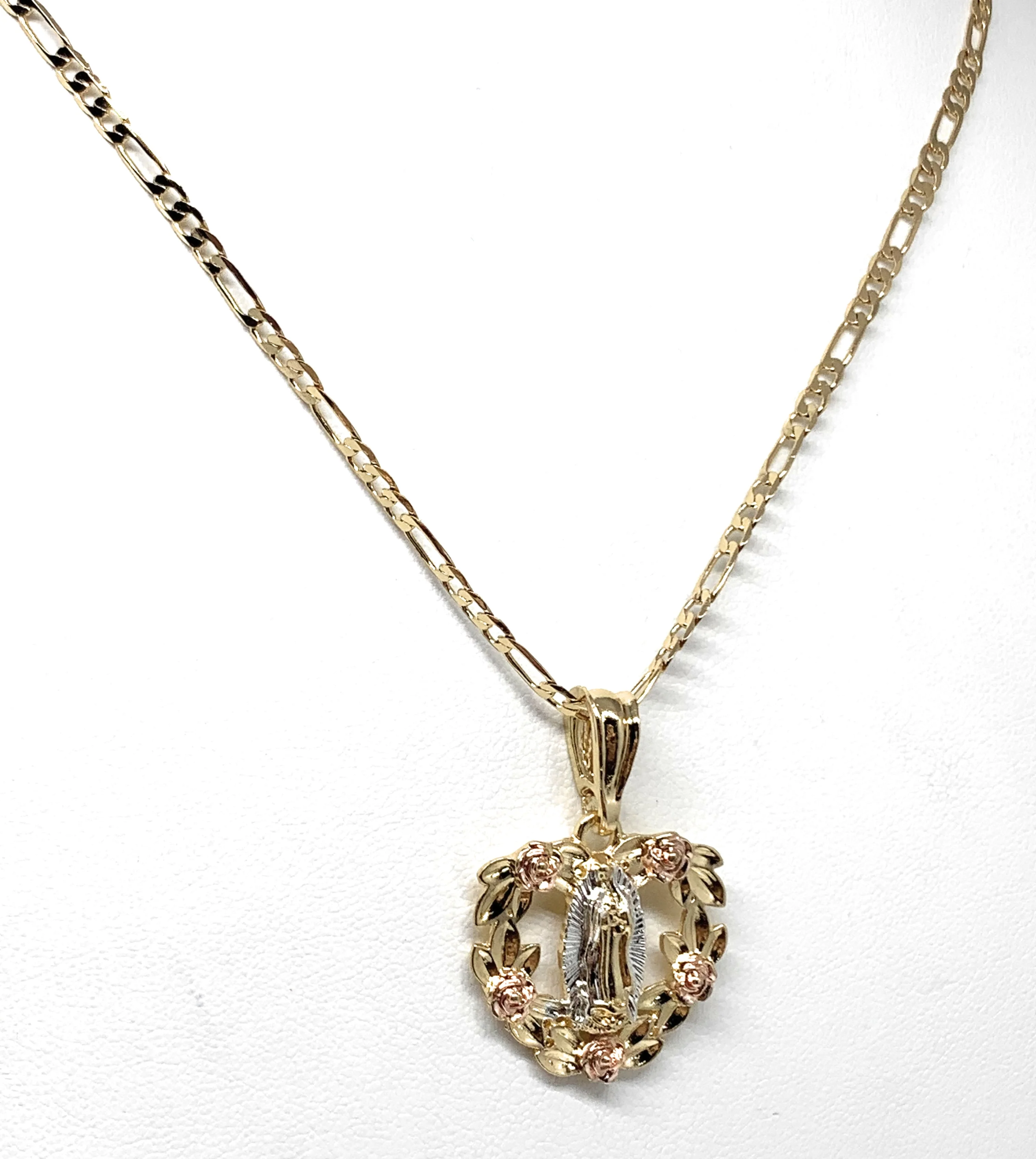 Gold Plated Tri-Color Virgin Mary Flower Pendant Necklace 24" Virgen de Guadalupe Medalla Tres Colores - Image 4