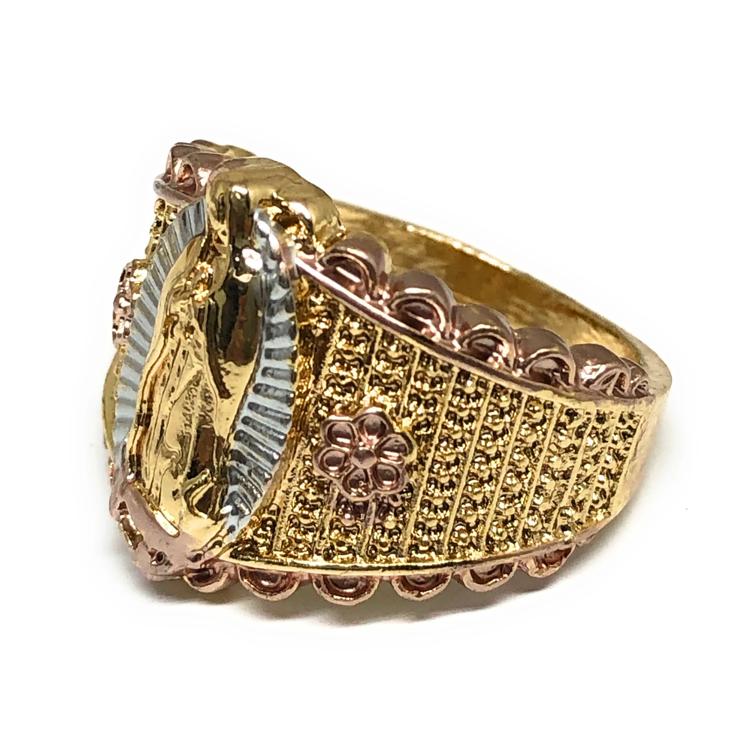 Gold Plated Tri-Color Virgin Mary Flower Ring Virgen De Guadalupe Anillo - Image 2