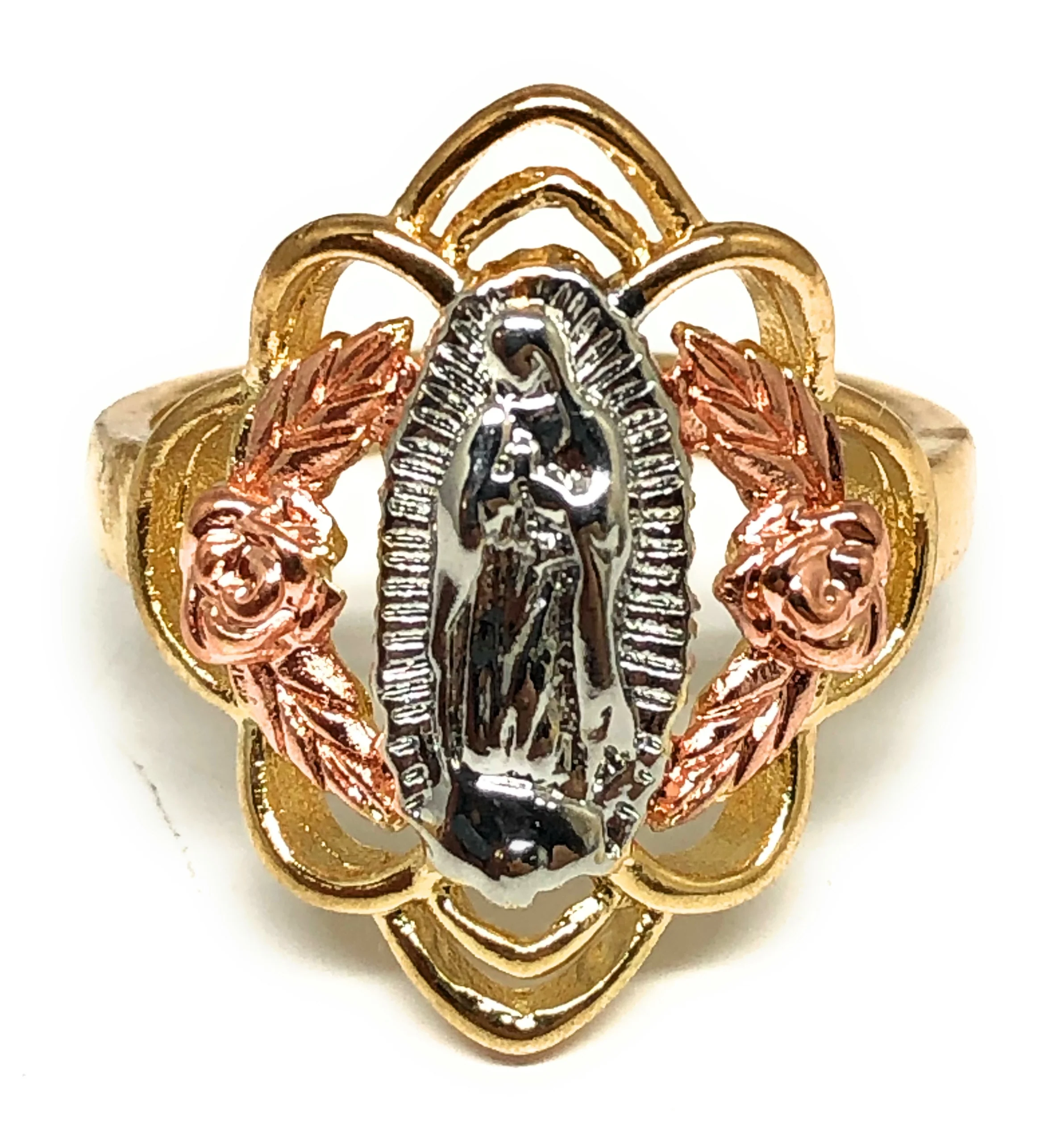 Gold Plated Tri-Color Virgin Mary Flower Ring Virgen Guadalupe Anillo
