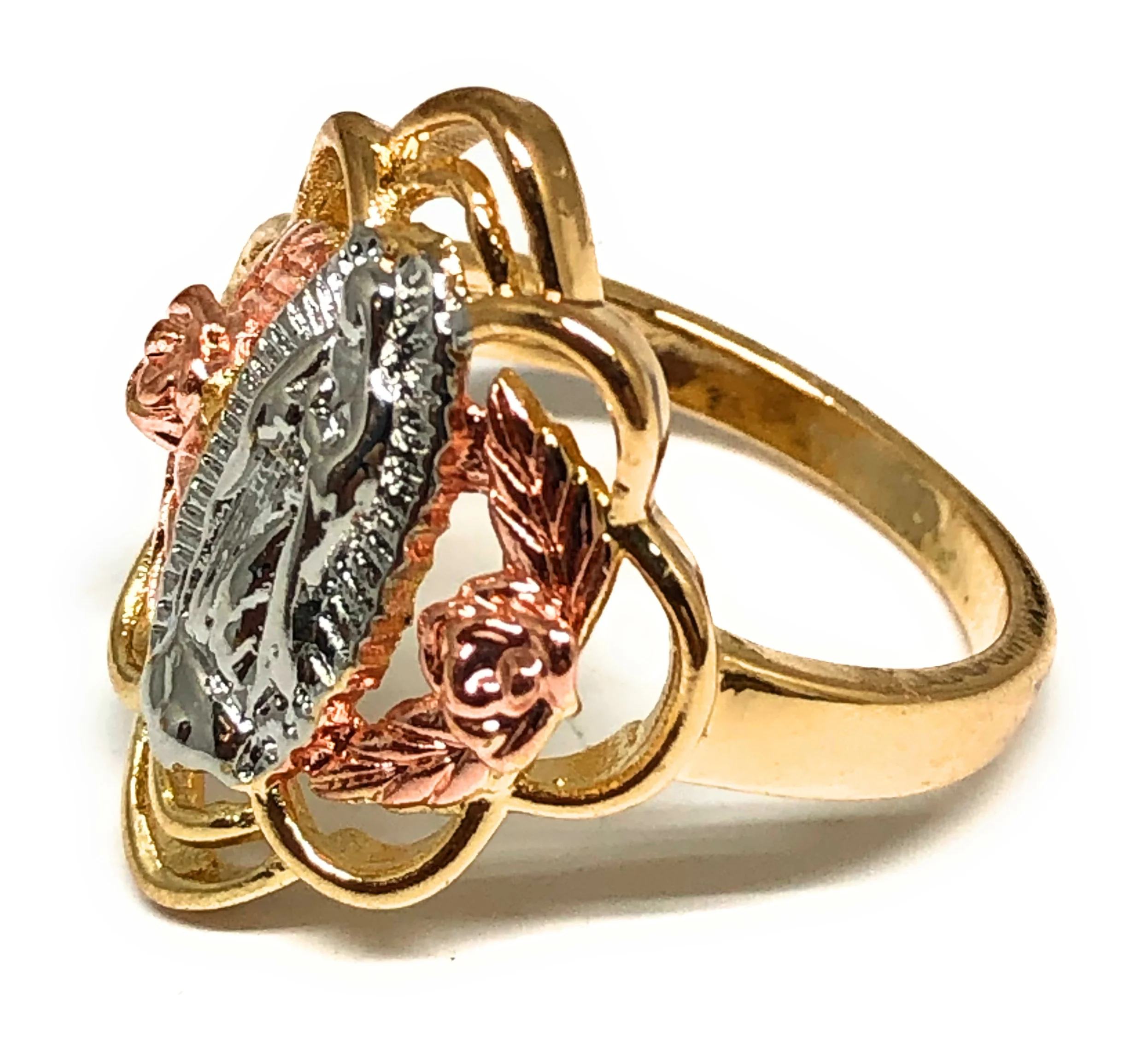 Gold Plated Tri-Color Virgin Mary Flower Ring Virgen Guadalupe Anillo - Image 2