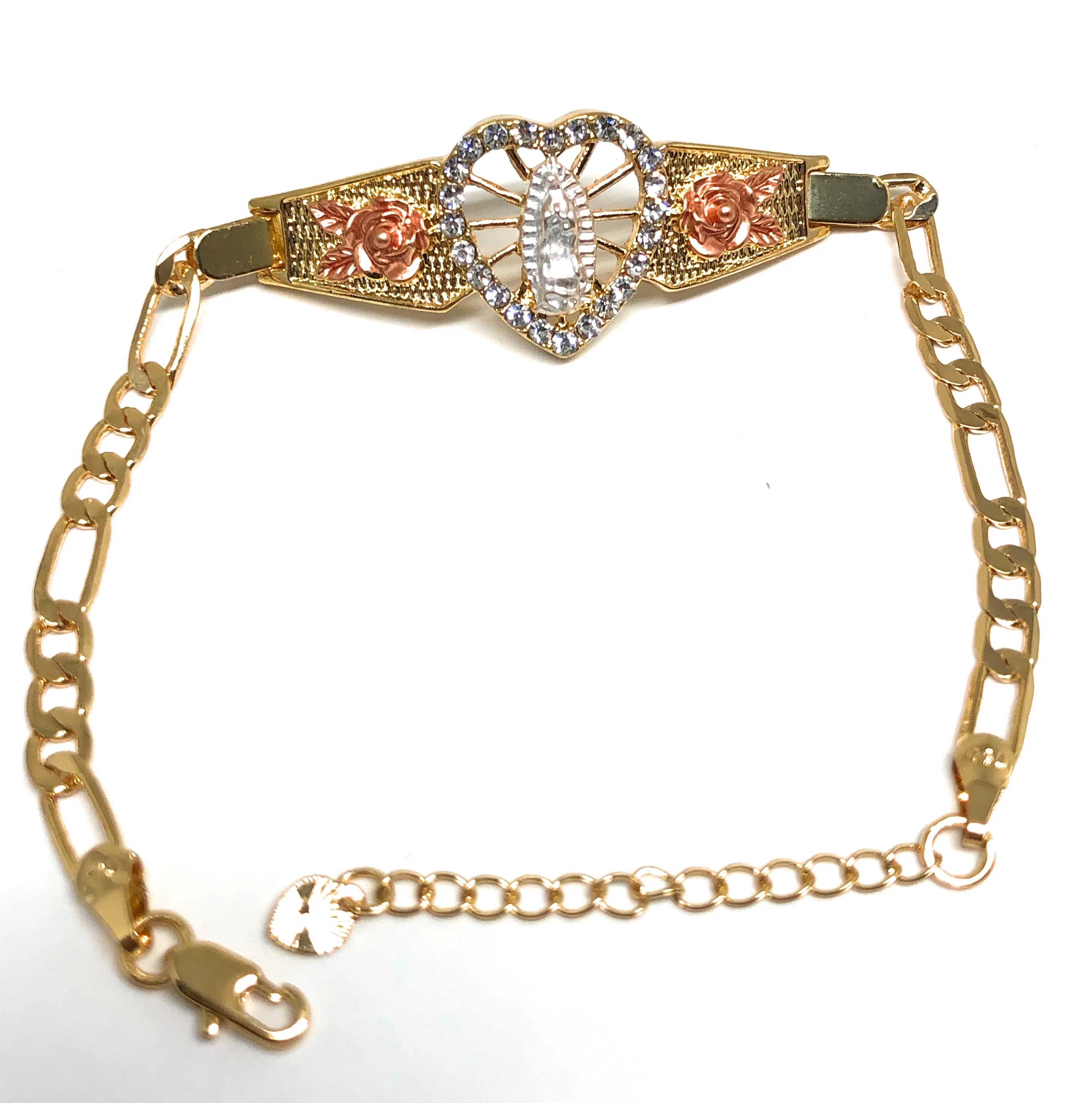 Gold Plated Tri-Color Virgin Mary Heart Bracelet Virgen De Guadalupe Esclava 8" - Image 3