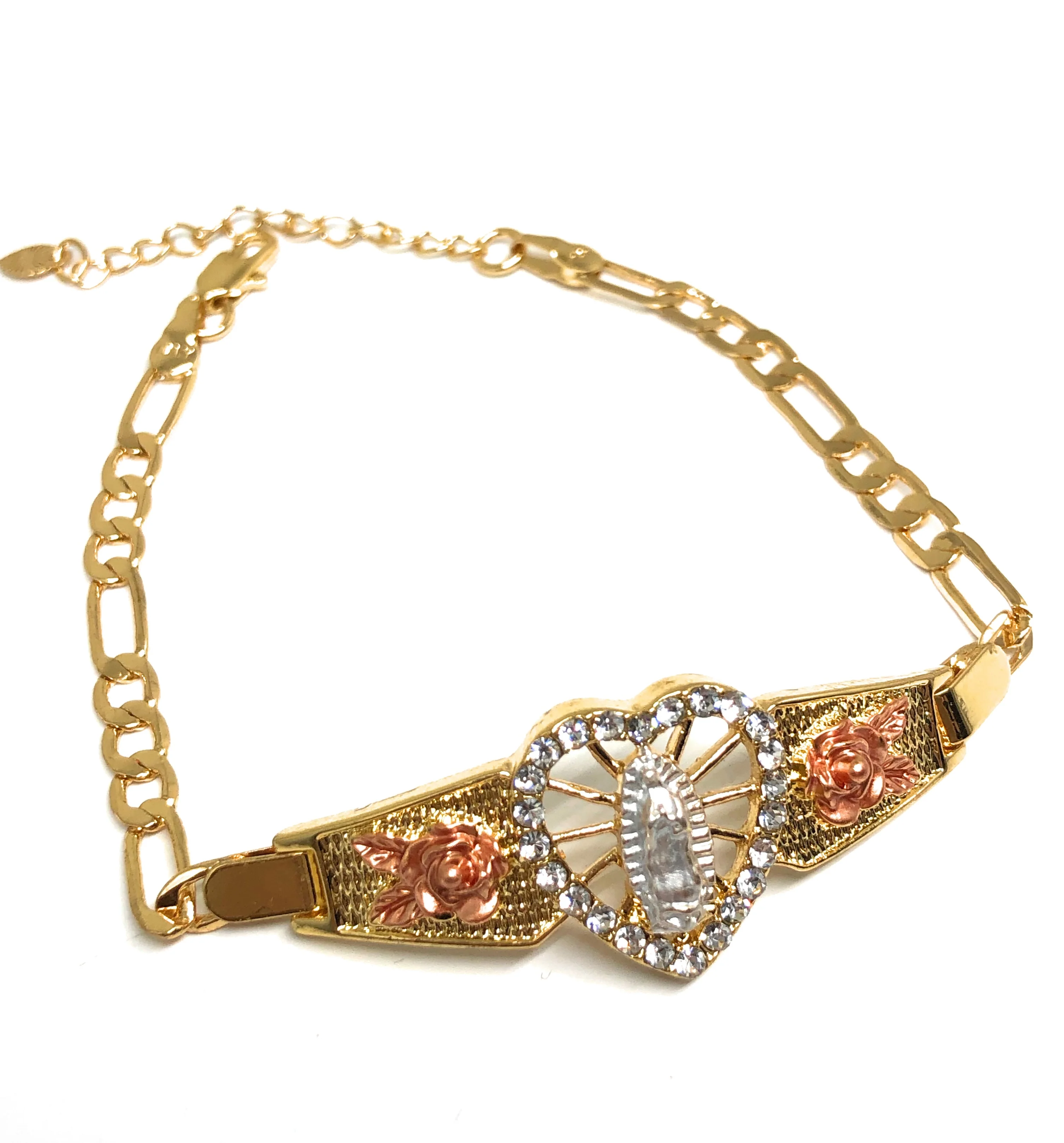 Gold Plated Tri-Color Virgin Mary Heart Bracelet Virgen De Guadalupe Esclava 8" - Image 4