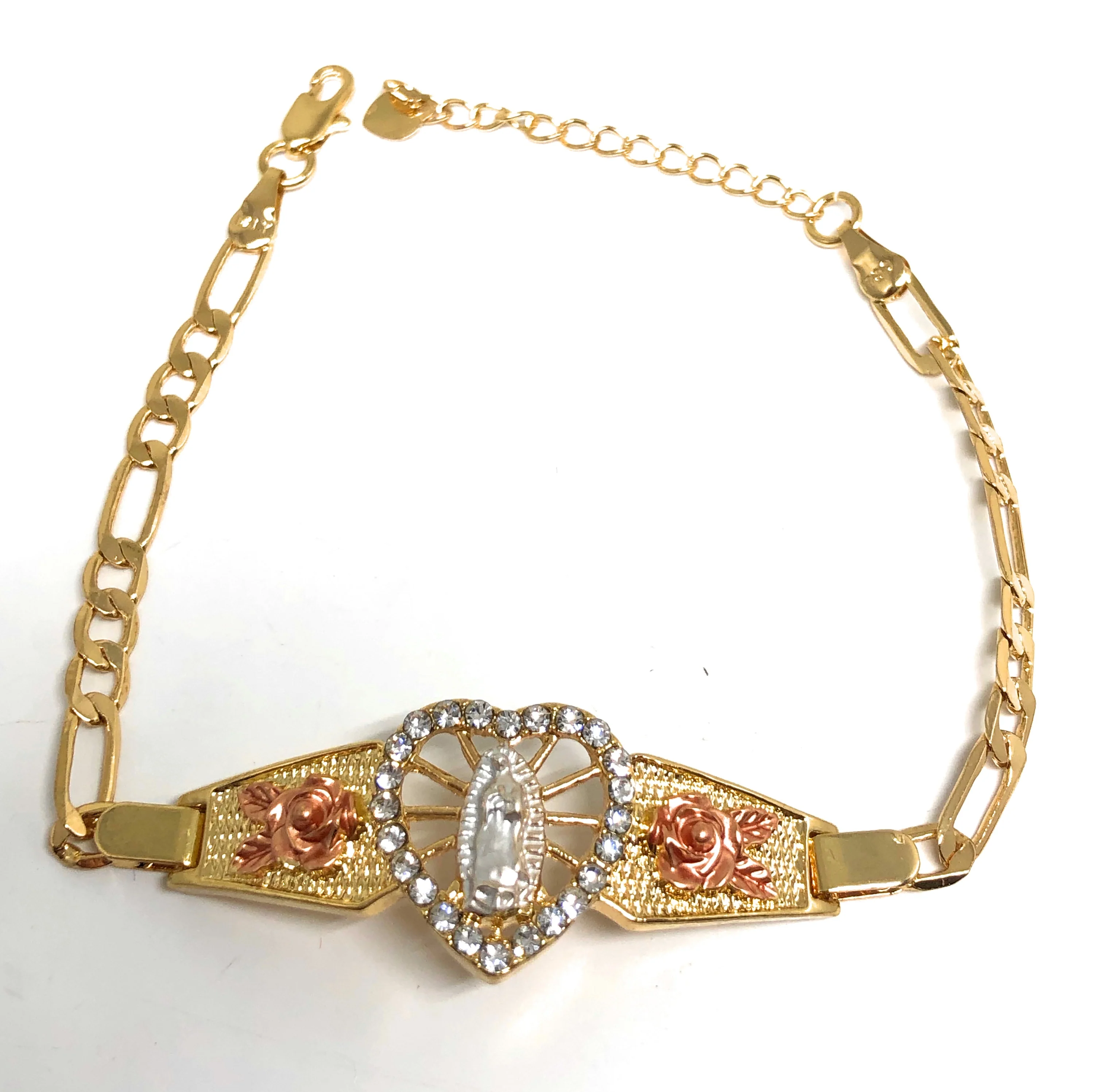 Gold Plated Tri-Color Virgin Mary Heart Bracelet Virgen De Guadalupe Esclava 8" - Image 5