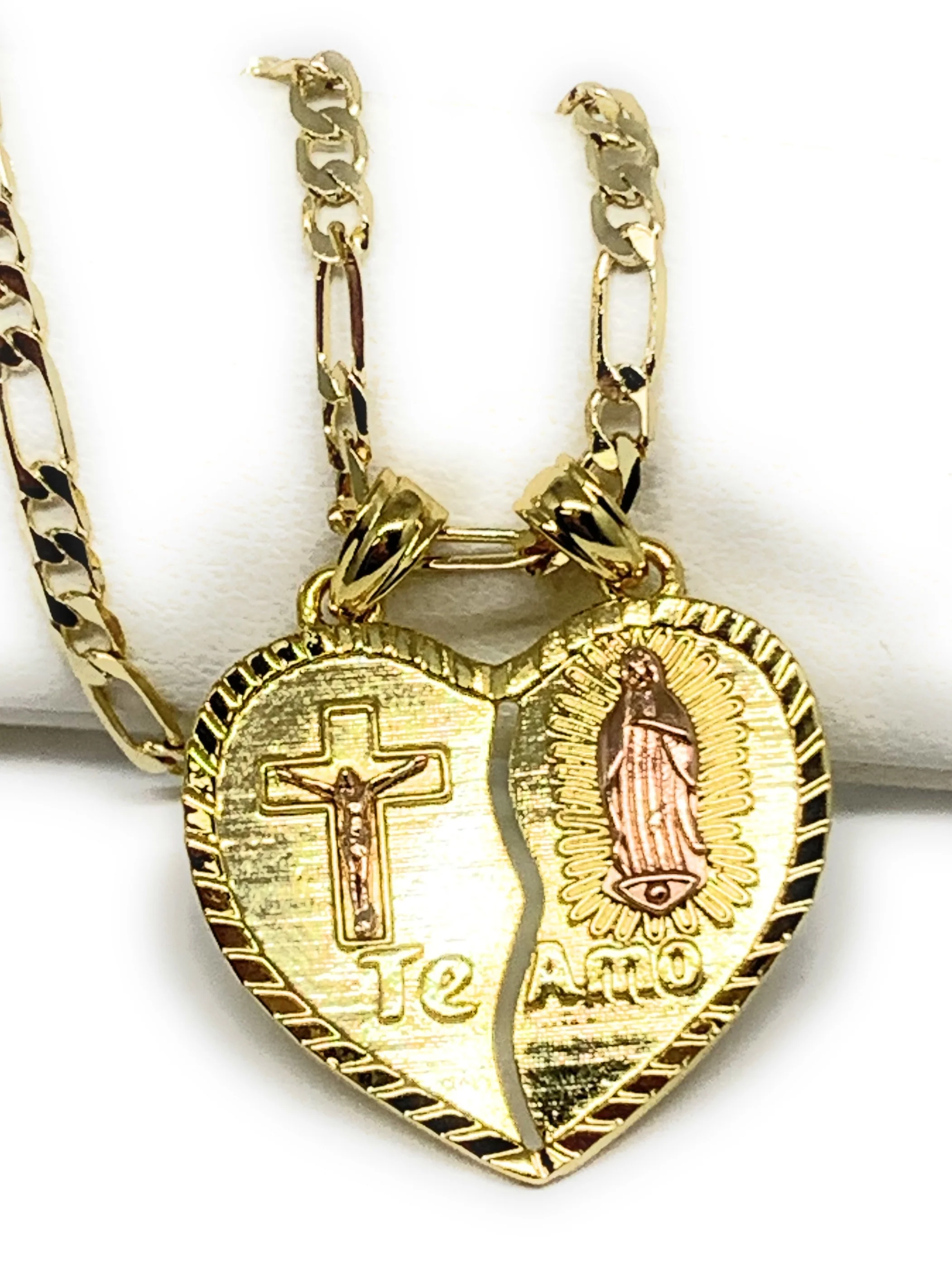 Gold Plated Yellow & Rose Virgin Mary Heart & Christ "Te Amo" Heart Split Pendant Necklace 24" Virgen de Guadalupe