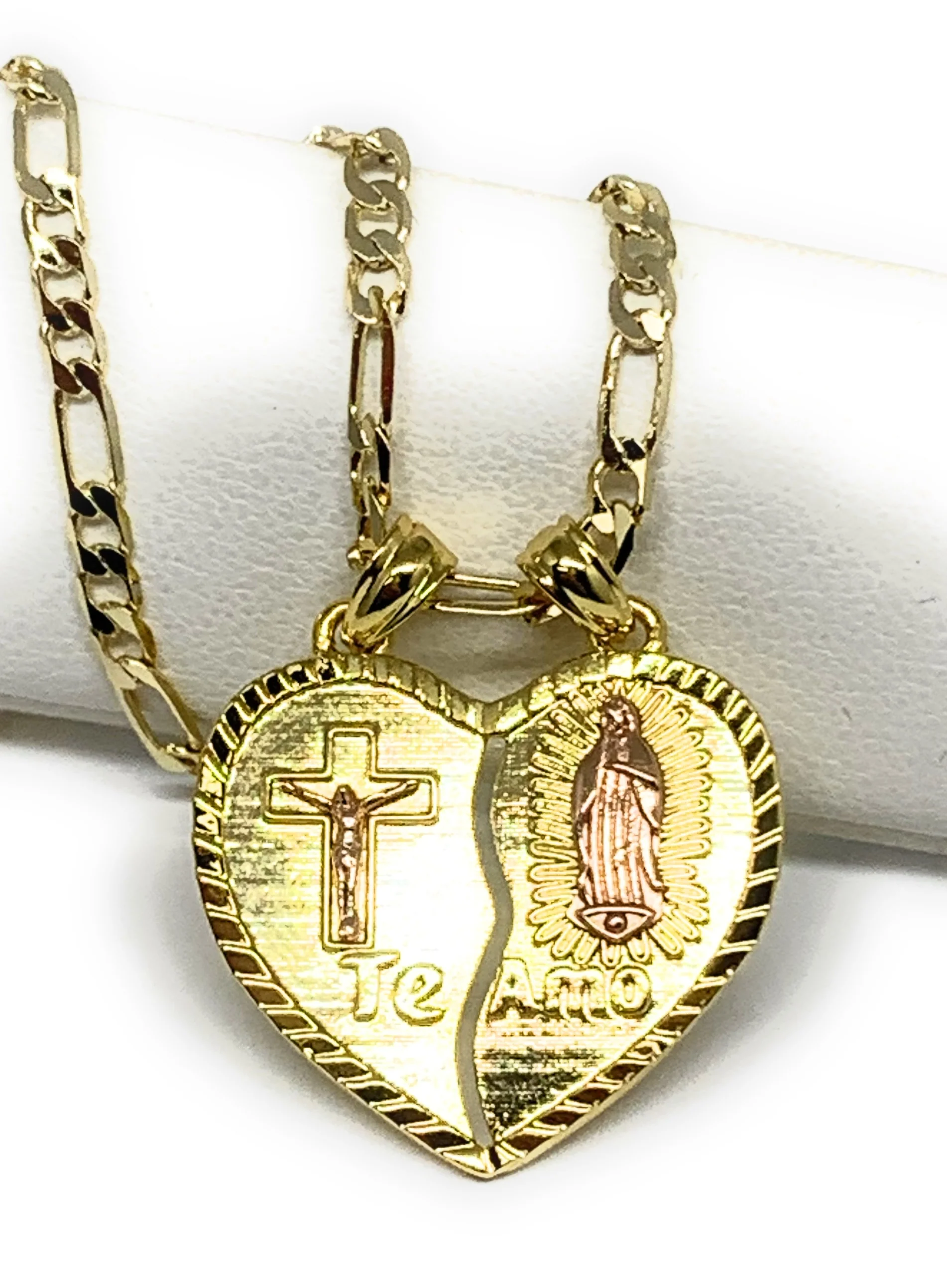 Gold Plated Yellow & Rose Virgin Mary Heart & Christ "Te Amo" Heart Split Pendant Necklace 24" Virgen de Guadalupe - Image 10