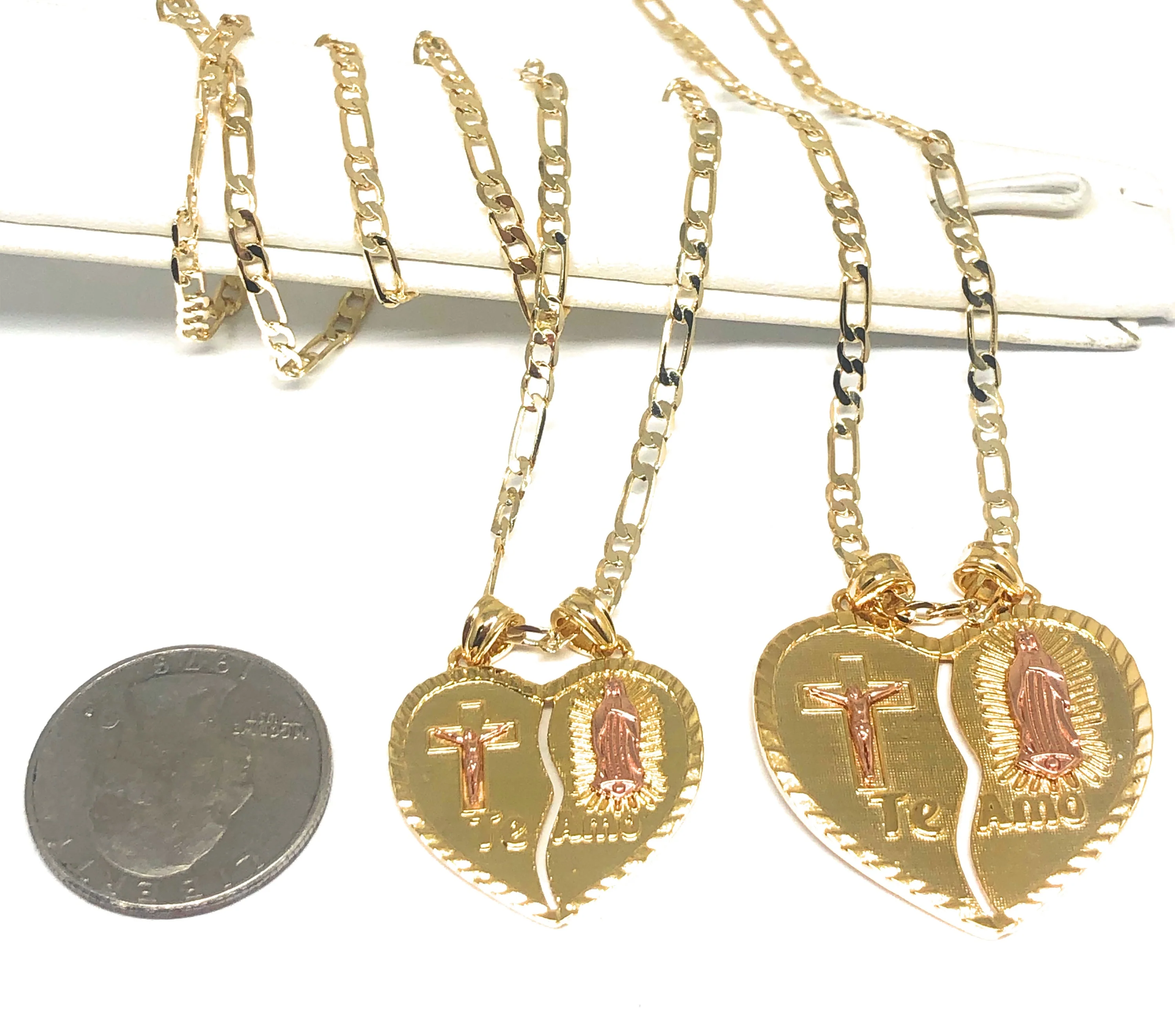 Gold Plated Yellow & Rose Virgin Mary Heart & Christ "Te Amo" Heart Split Pendant Necklace 24" Virgen de Guadalupe - Image 2