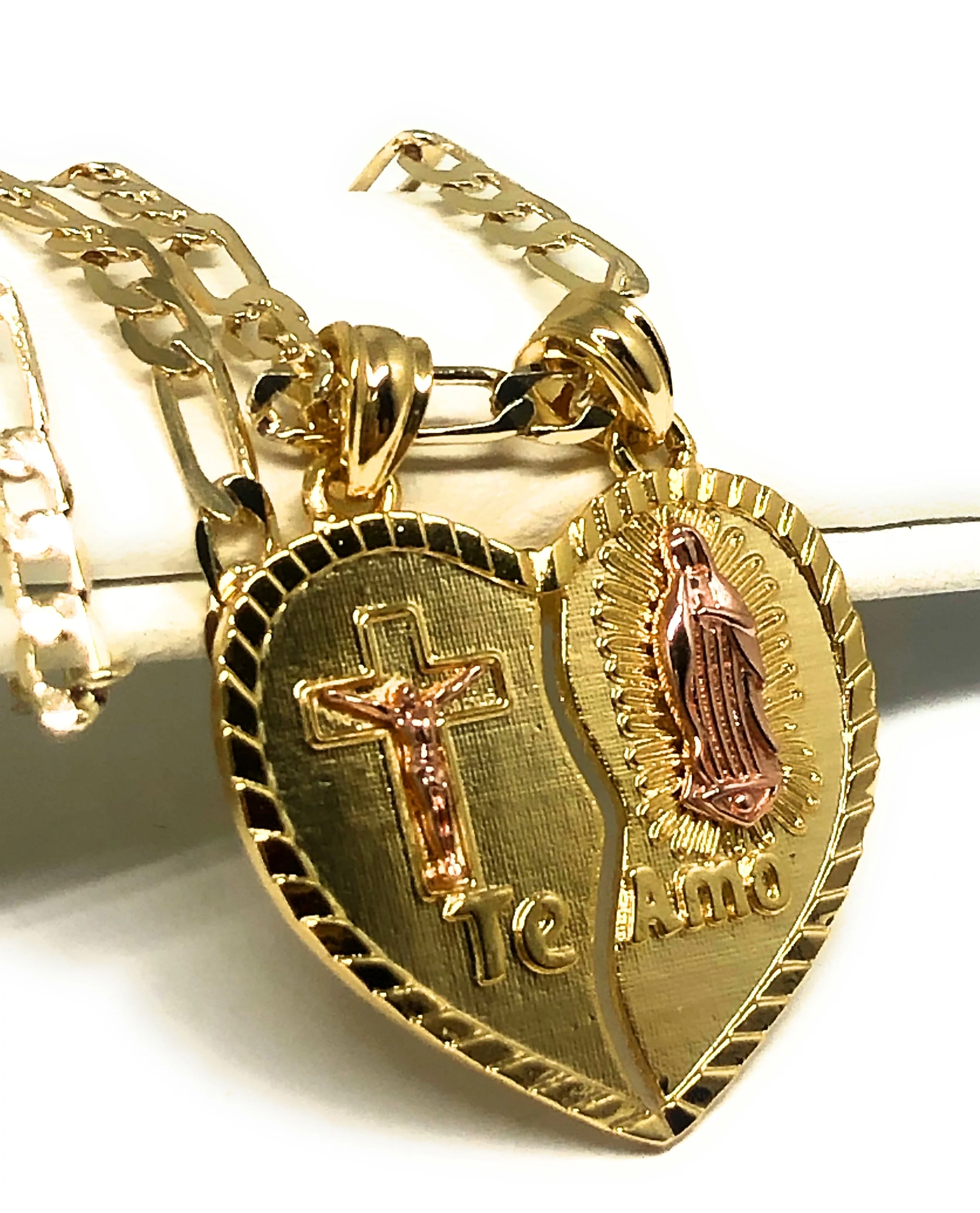 Gold Plated Yellow & Rose Virgin Mary Heart & Christ "Te Amo" Heart Split Pendant Necklace 24" Virgen de Guadalupe - Image 4