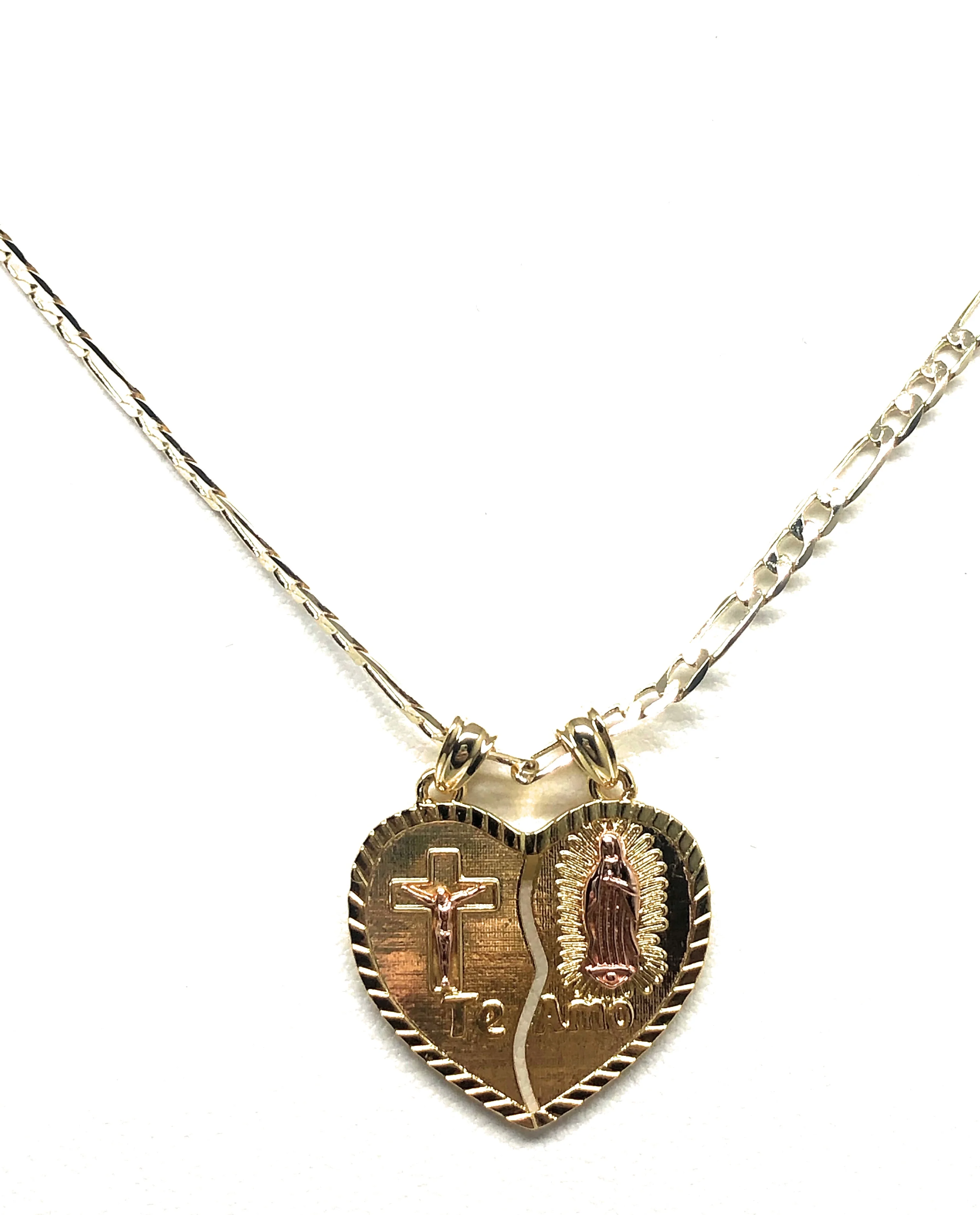 Gold Plated Yellow & Rose Virgin Mary Heart & Christ "Te Amo" Heart Split Pendant Necklace 24" Virgen de Guadalupe - Image 5