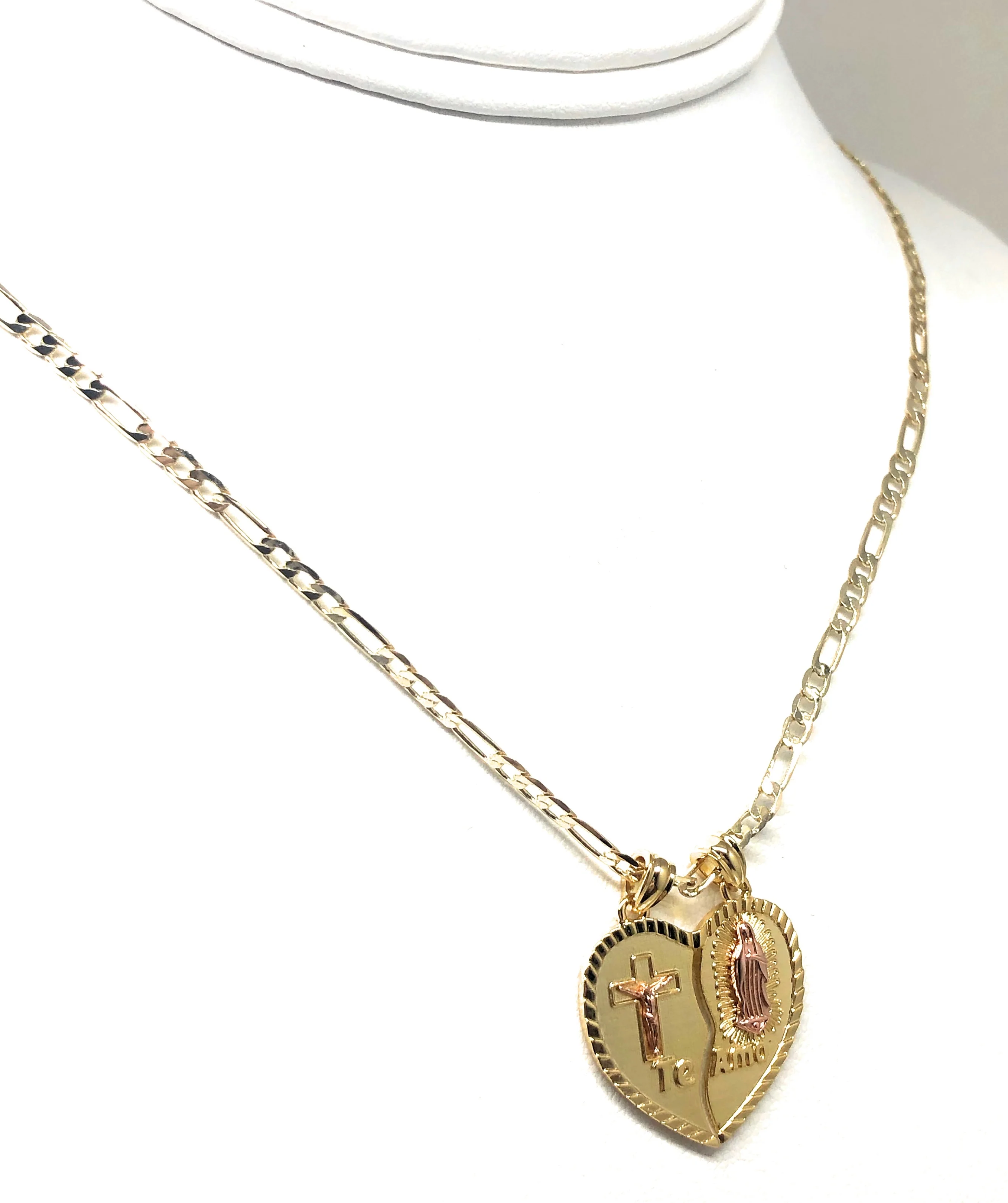 Gold Plated Yellow & Rose Virgin Mary Heart & Christ "Te Amo" Heart Split Pendant Necklace 24" Virgen de Guadalupe - Image 7