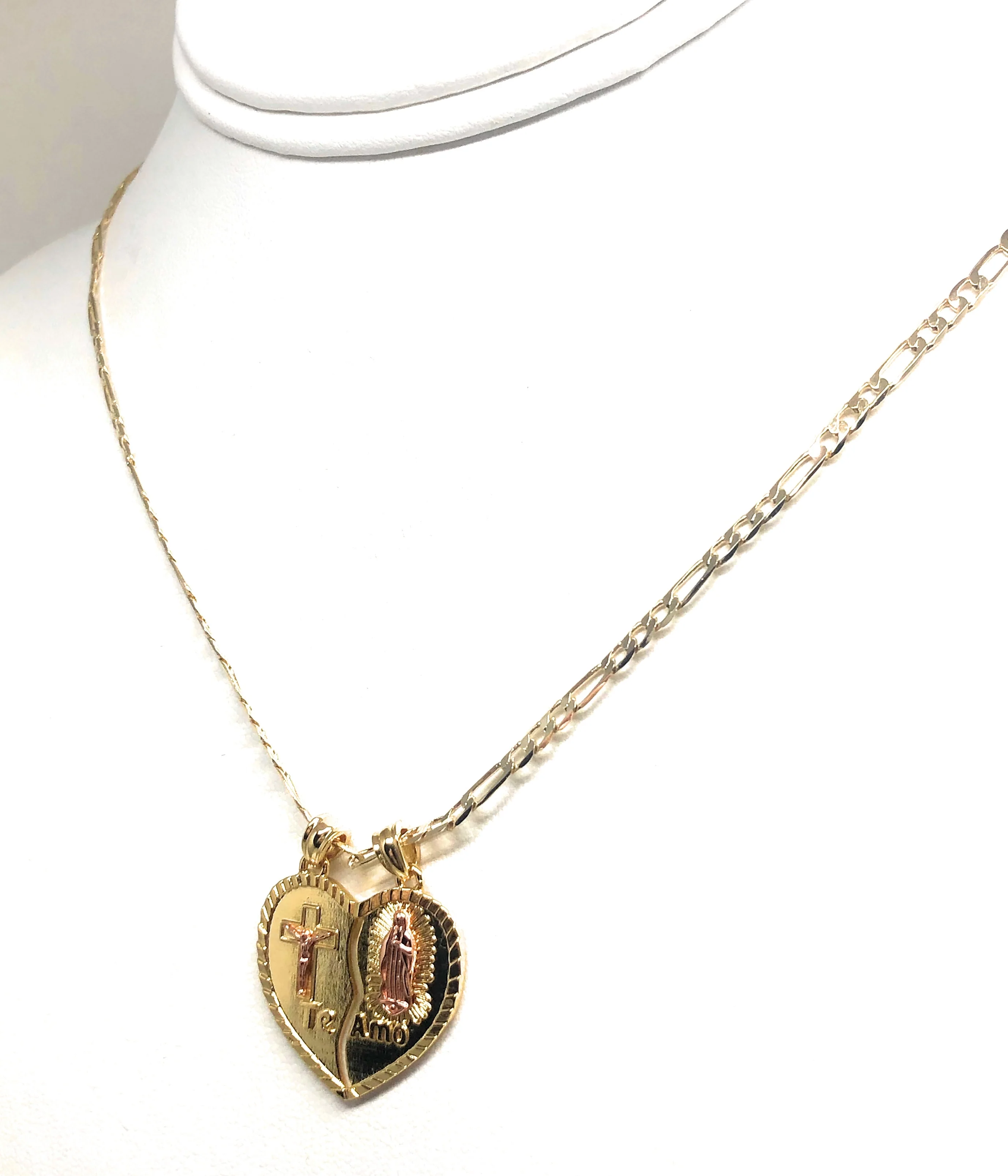 Gold Plated Yellow & Rose Virgin Mary Heart & Christ "Te Amo" Heart Split Pendant Necklace 24" Virgen de Guadalupe - Image 8