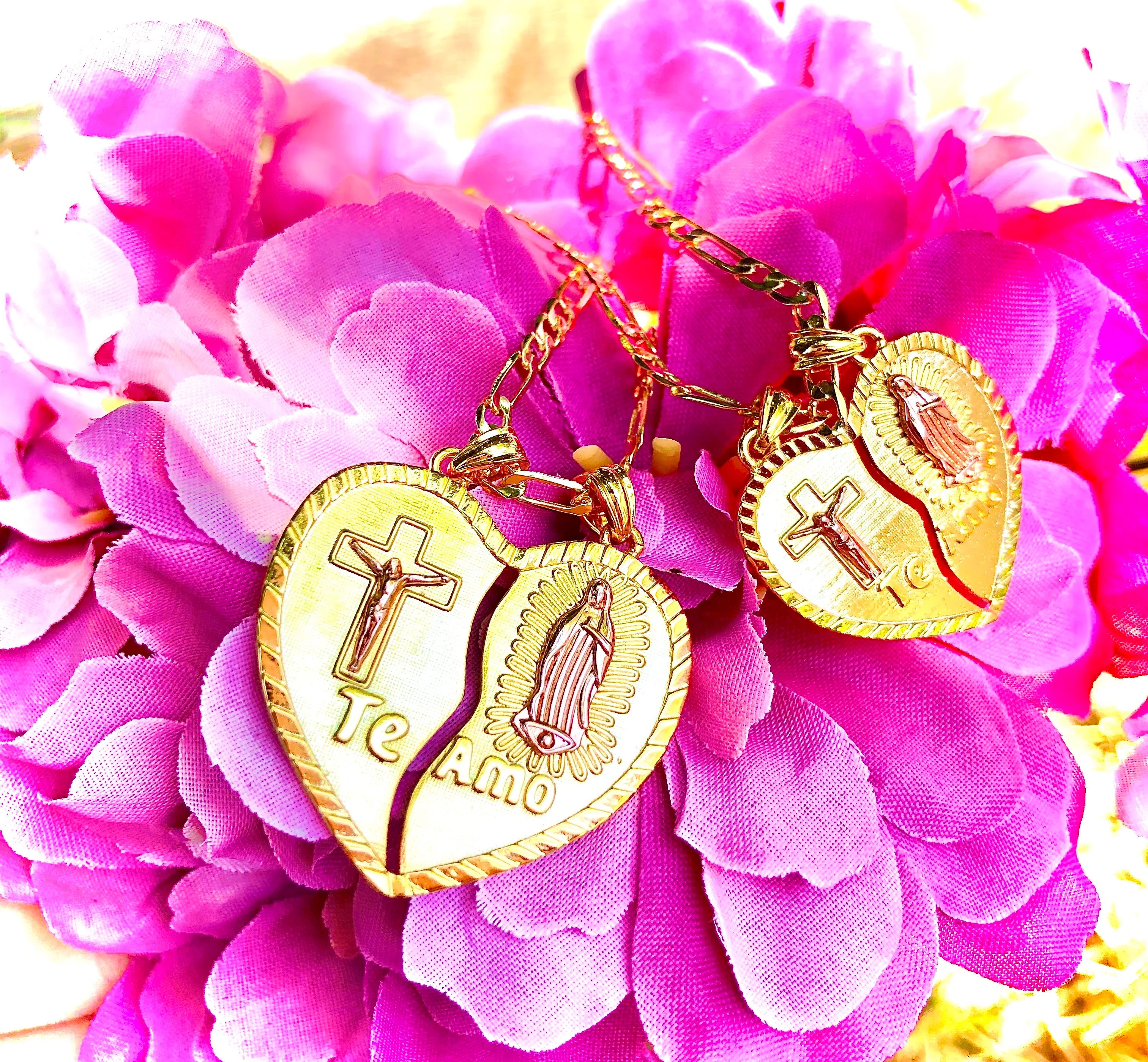 Gold Plated Yellow & Rose Virgin Mary Heart & Christ "Te Amo" Heart Split Pendant Necklace 24" Virgen de Guadalupe - Image 9