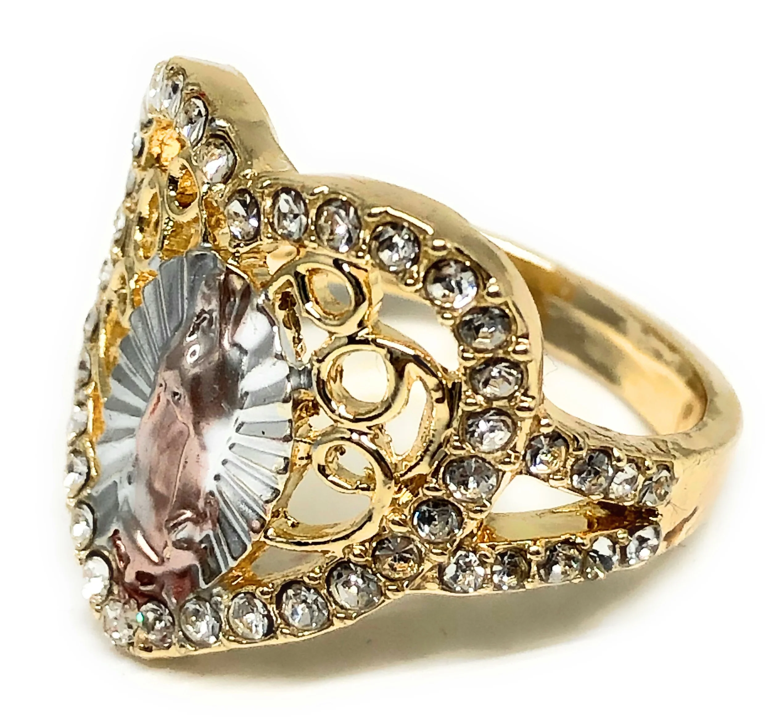 Gold Plated Tri-Color Virgin Mary Heart CZ Ring Virgen De Guadalupe Anillo Corazón - Image 2