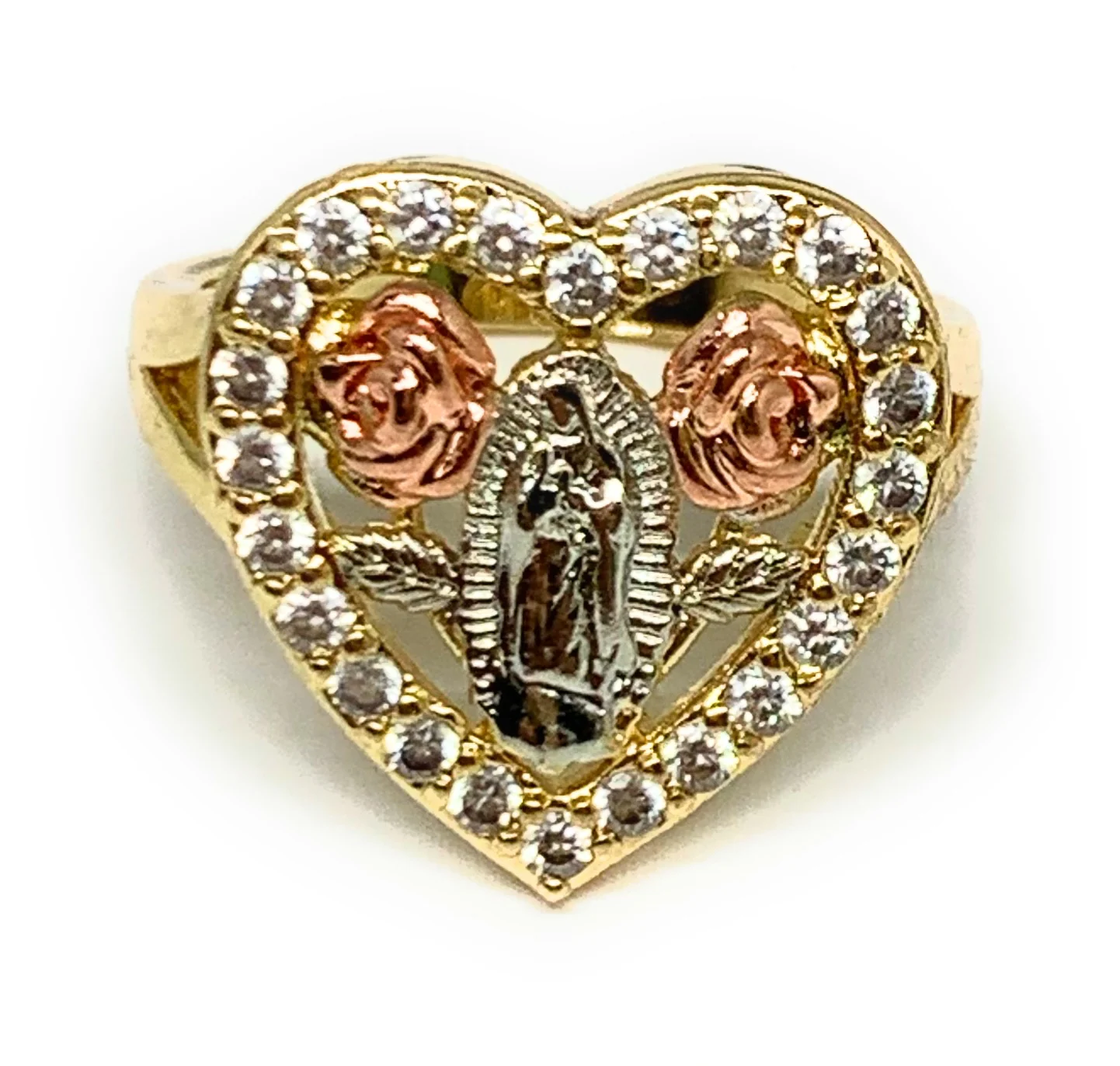 Gold Plated Tri-Color Virgin Mary Heart Flower CZ Ring Virgen De Guadalupe Anillo Corazón