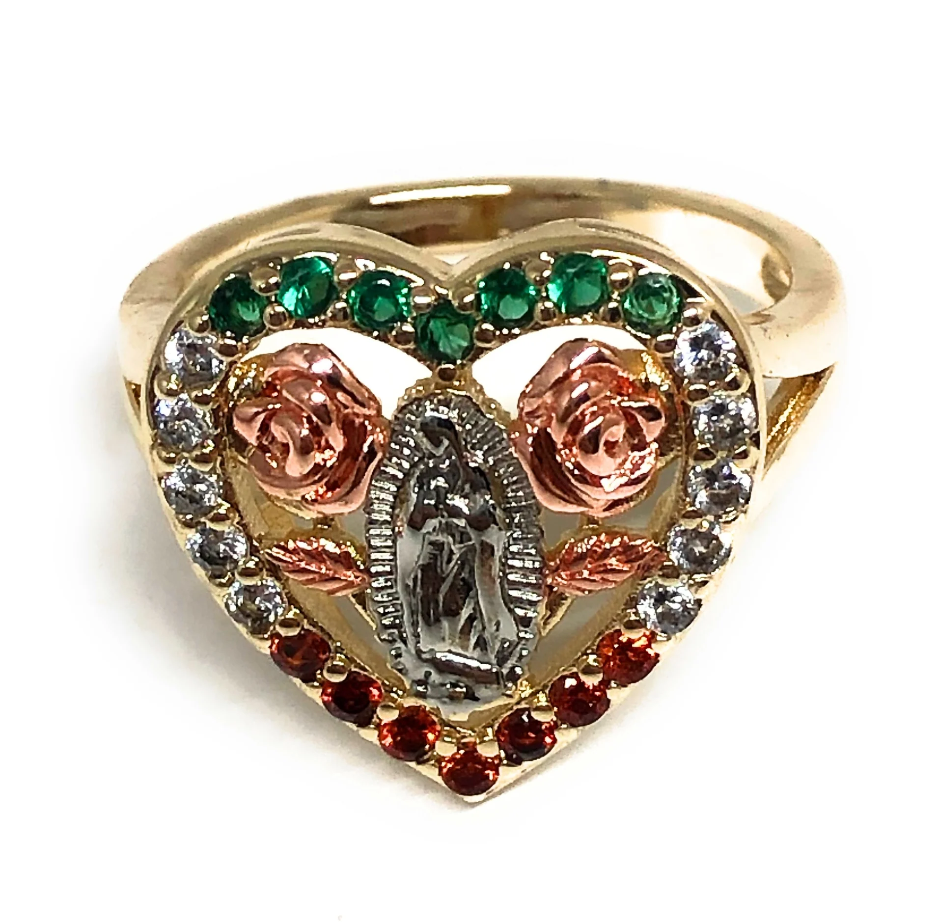 Gold Plated Tri-Color Virgin Mary Heart Flower CZ Ring Virgen De Guadalupe Anillo Corazón