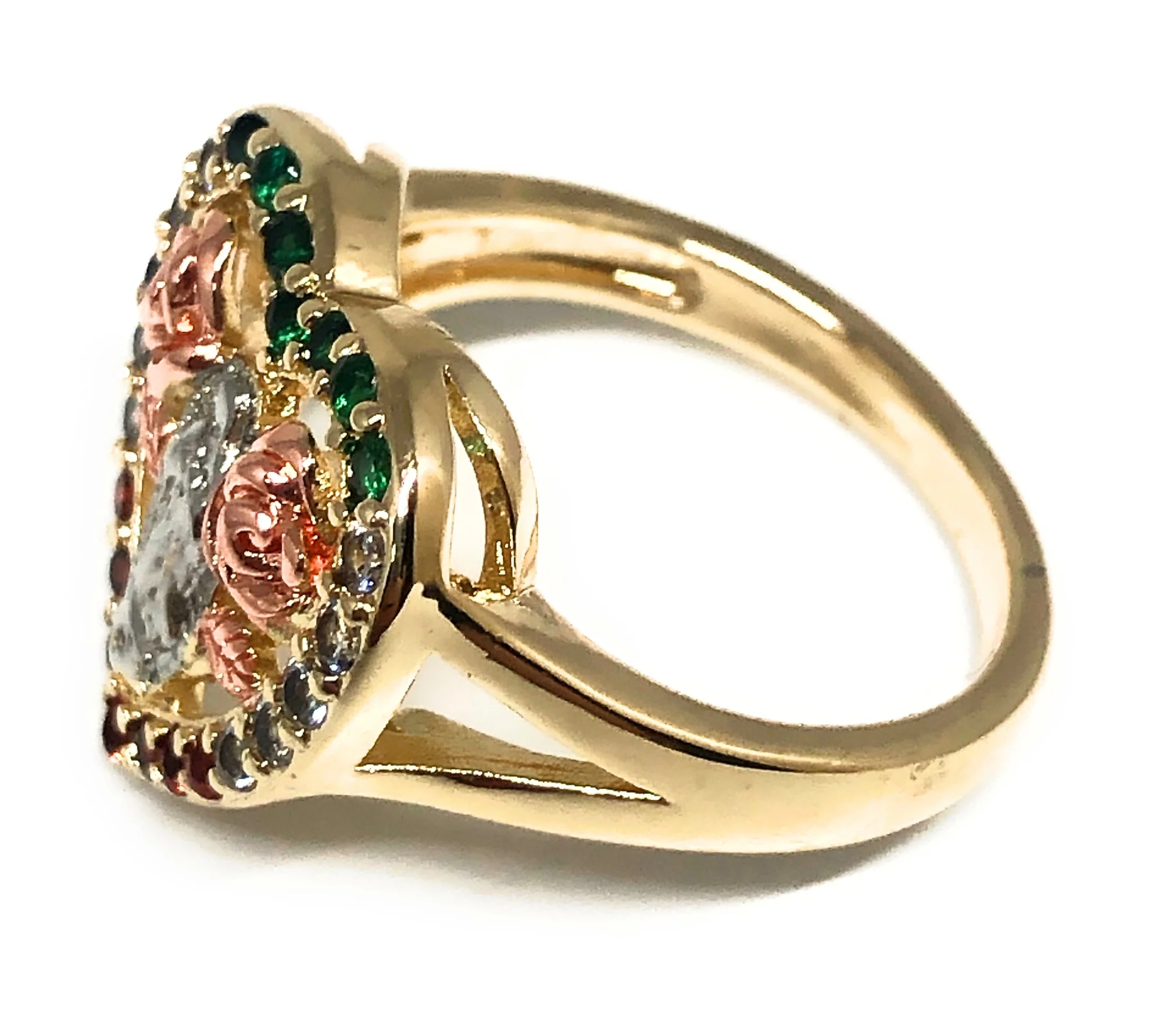 Gold Plated Tri-Color Virgin Mary Heart Flower CZ Ring Virgen De Guadalupe Anillo Corazón - Image 2