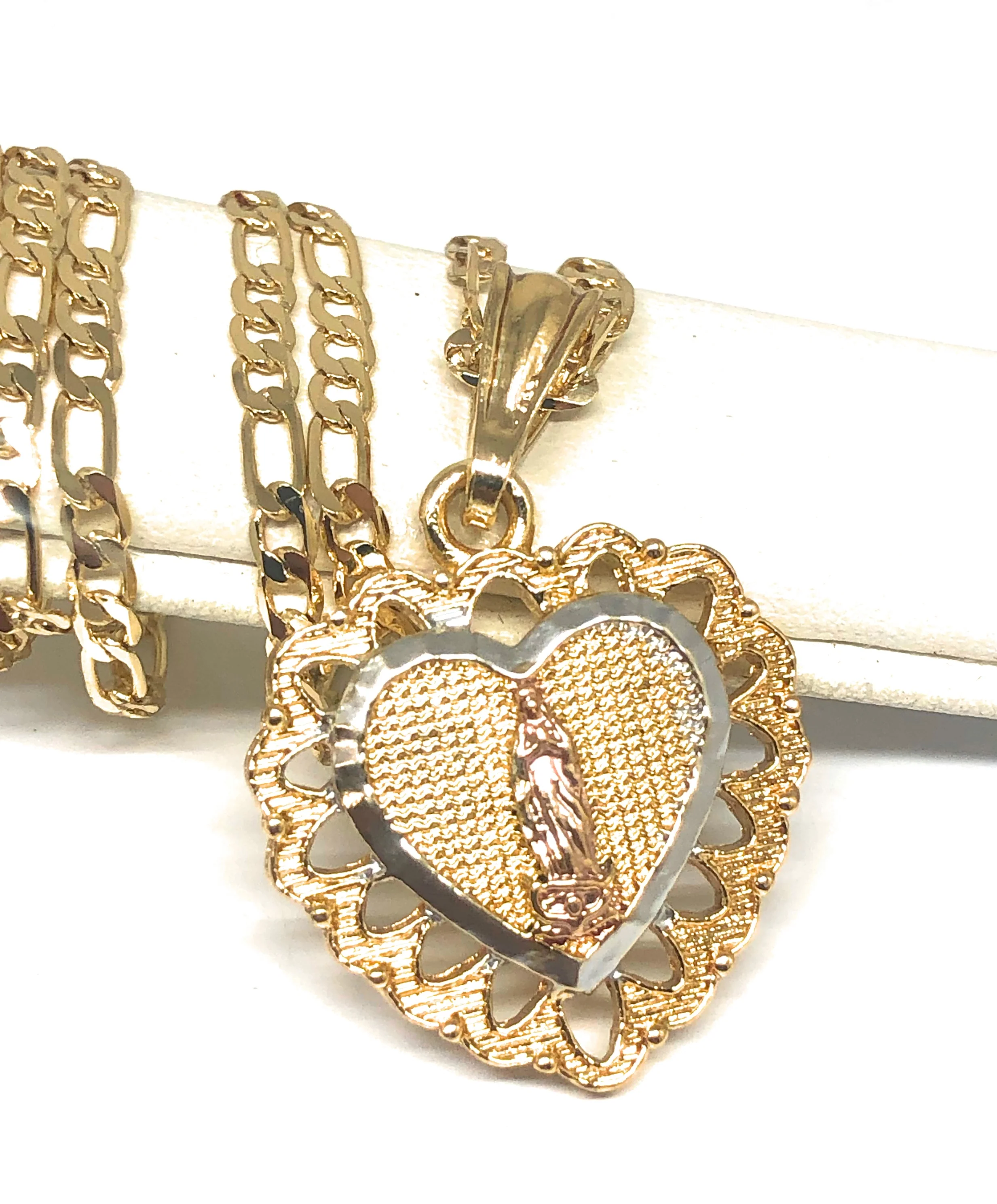 Gold Plated Tri-Color Virgin Mary Heart Pendant Necklace Figaro 24" Virgen de Guadalupe Medalla