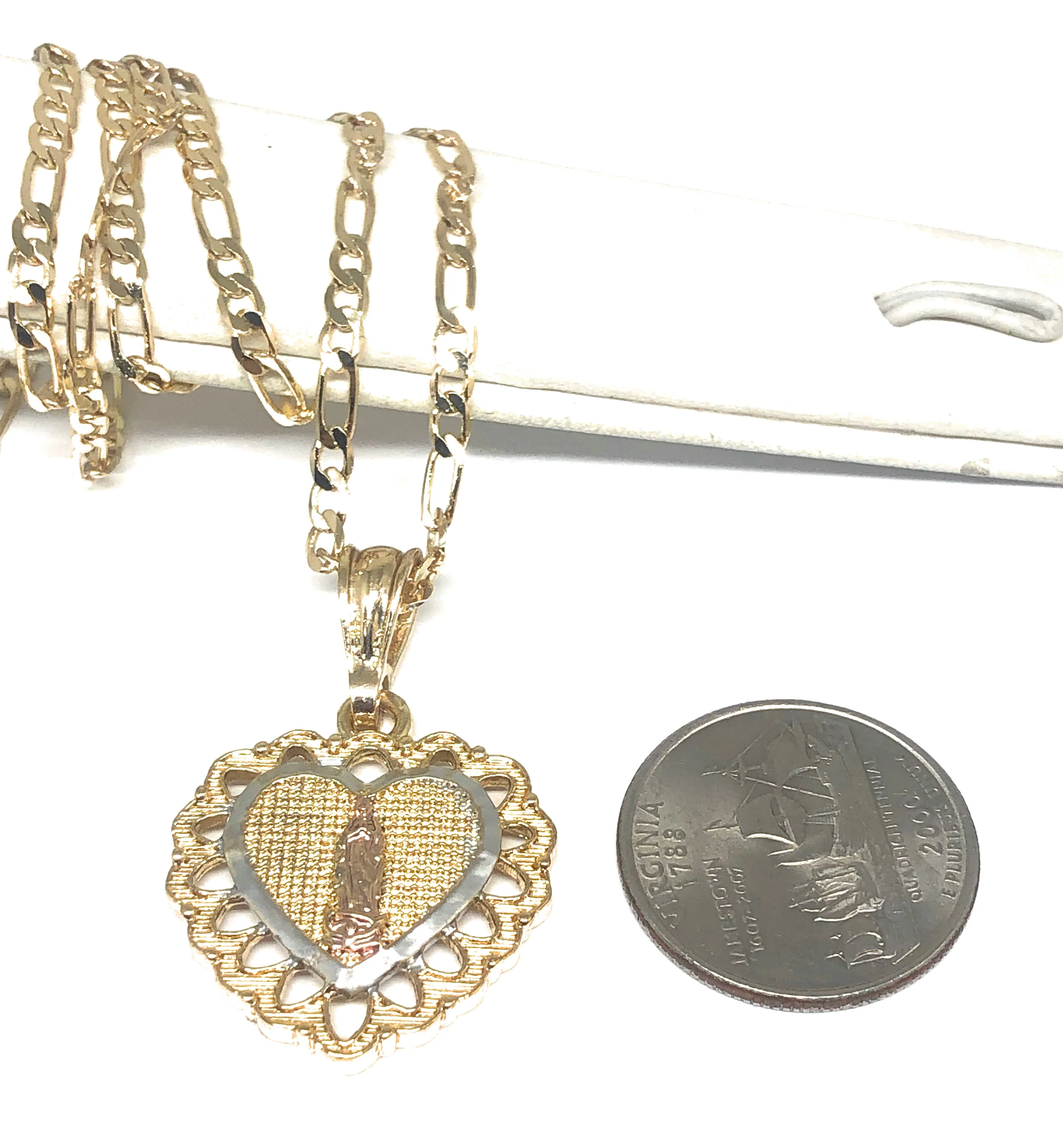 Gold Plated Tri-Color Virgin Mary Heart Pendant Necklace Figaro 24" Virgen de Guadalupe Medalla - Image 2