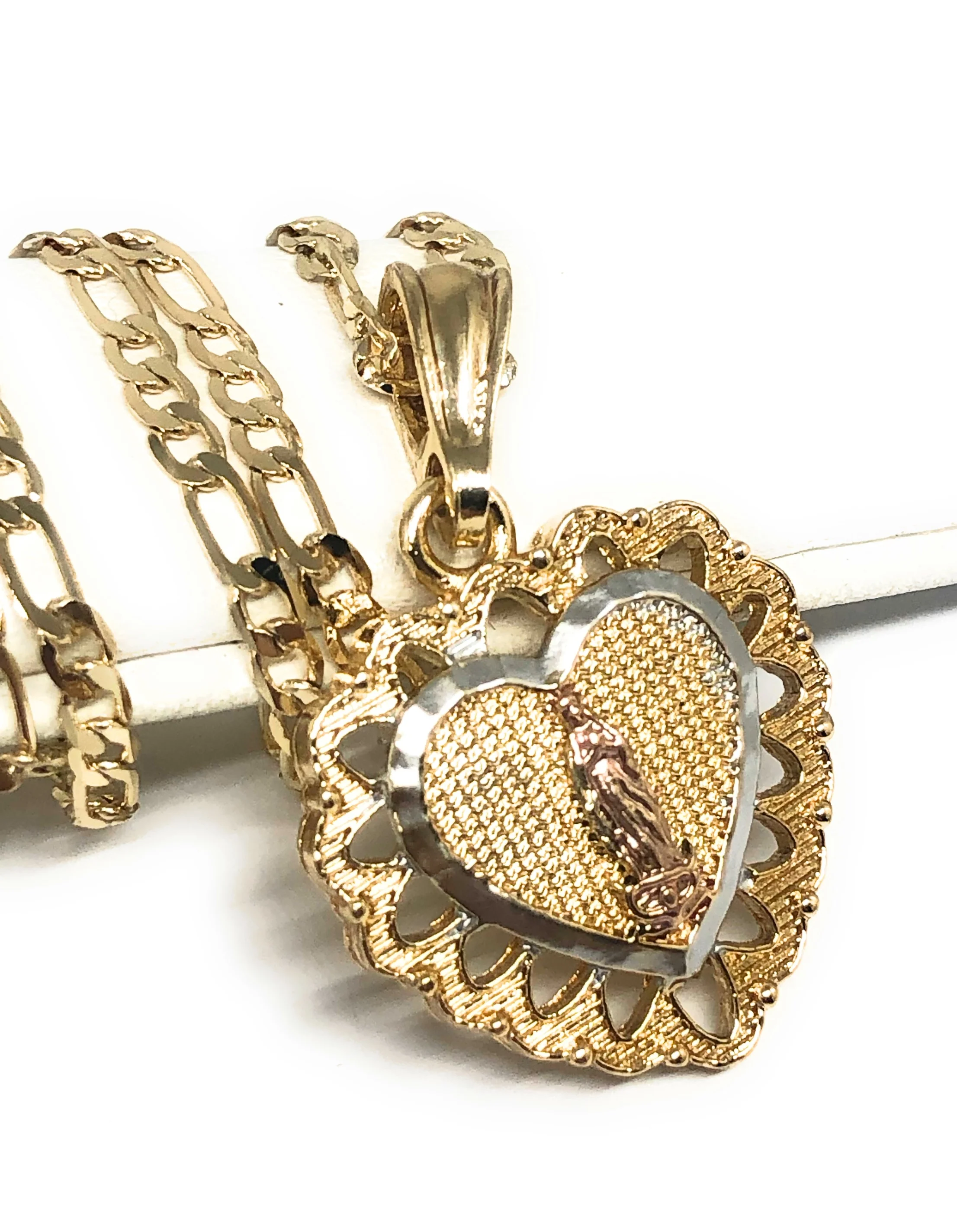 Gold Plated Tri-Color Virgin Mary Heart Pendant Necklace Figaro 24" Virgen de Guadalupe Medalla - Image 3